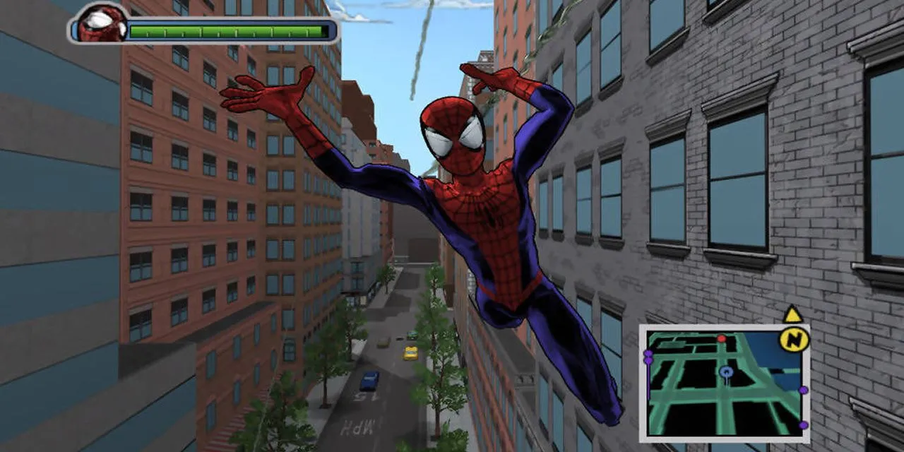 Spider-Man đu dây trong game Ultimate Spider-Man phong cách truyện tranh PS2