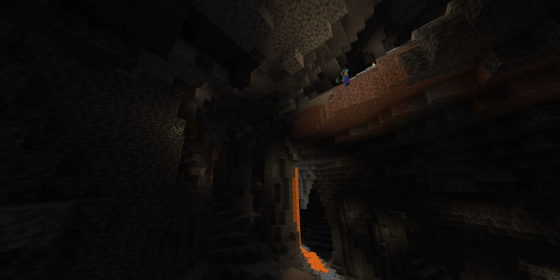 Steve trong Minecraft bám vào rìa vách đá trên một hang động lớn