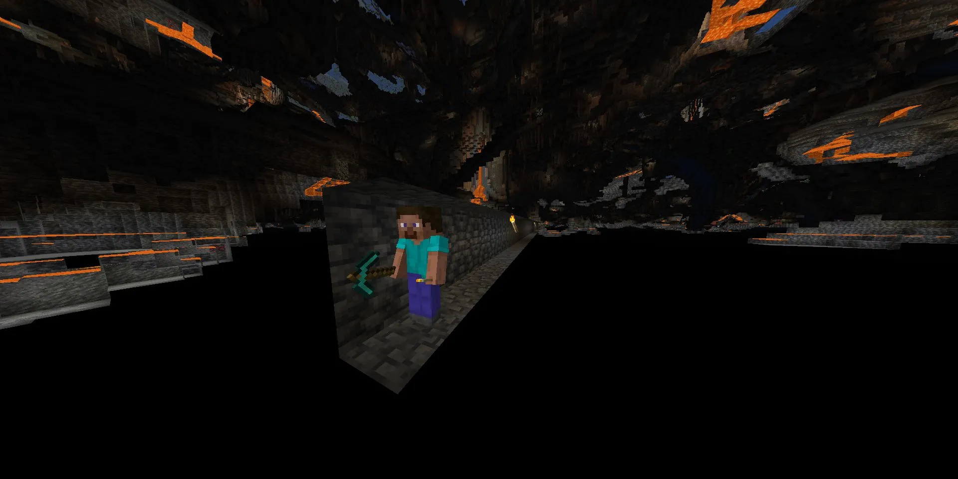 Steve trong Minecraft đang đào mỏ trong lớp Đá Phiến Sâu (Deepslate)
