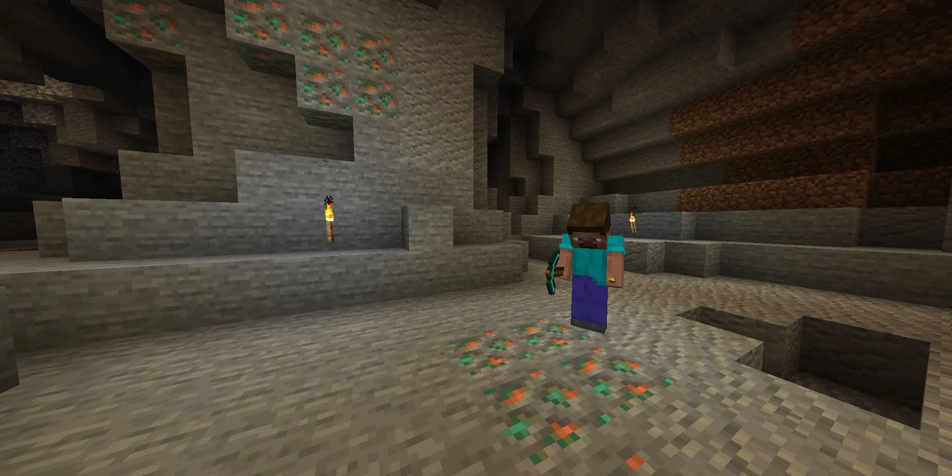 Steve trong Minecraft đang khai thác nhiều quặng Đồng