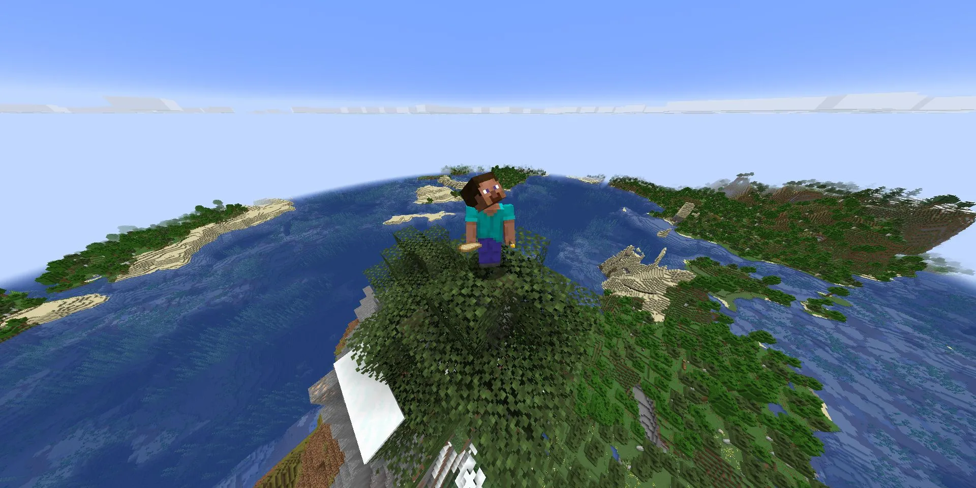 Steve trong Minecraft đứng trên cây ở đỉnh núi lớn