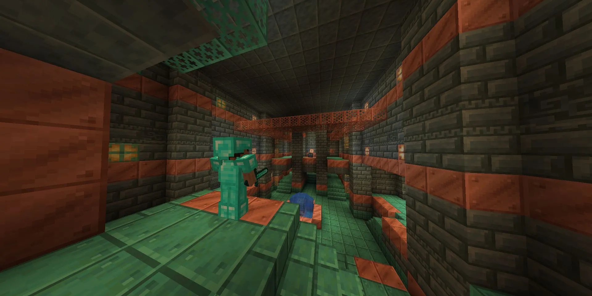 Steve trong Minecraft mặc giáp Kim Cương đầy đủ trong Phòng Thử Thách (Trial Chamber)