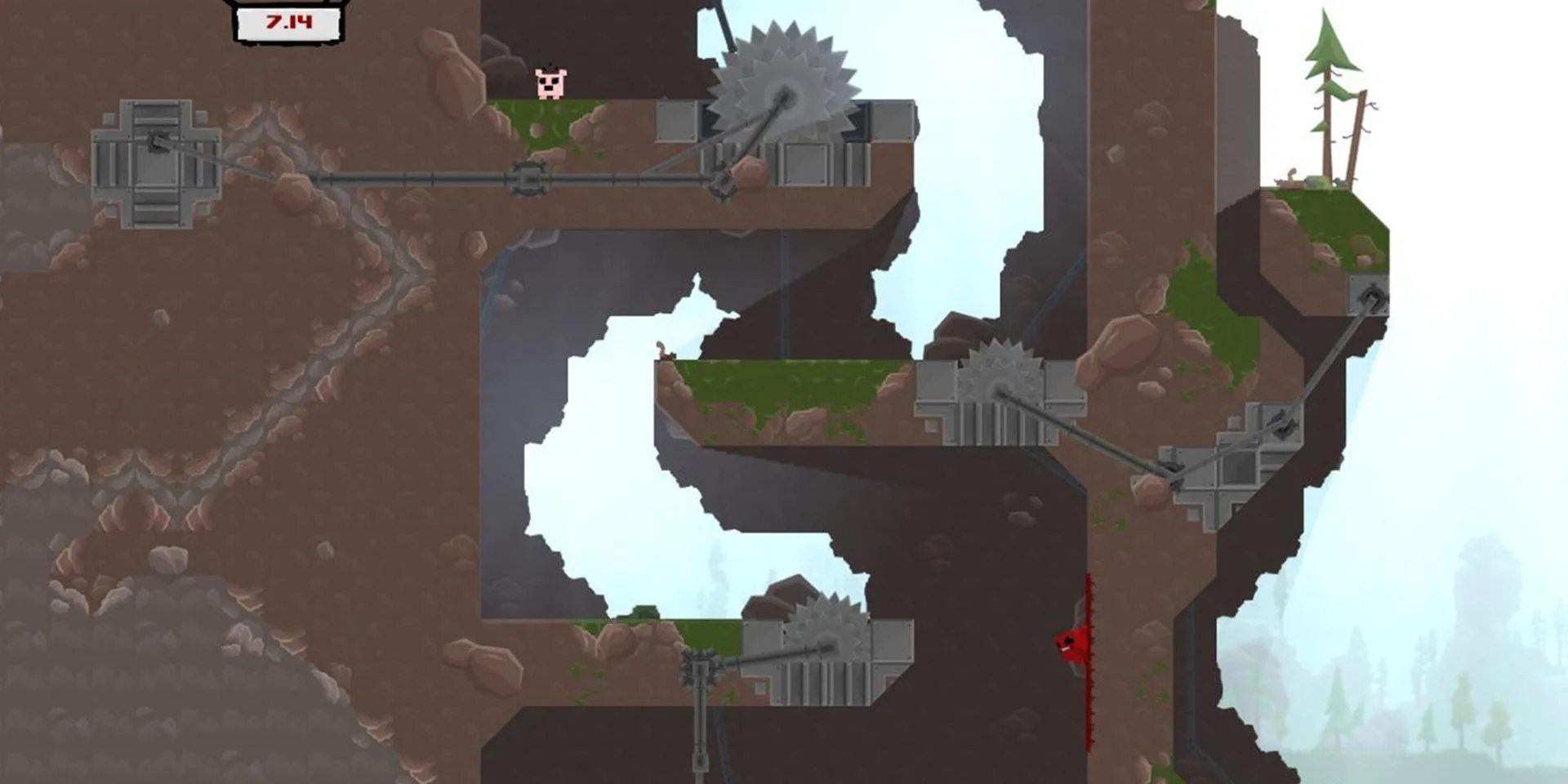 Super Meat Boy nhảy qua chướng ngại vật để cứu Bandage Girl trong game platformer siêu khó