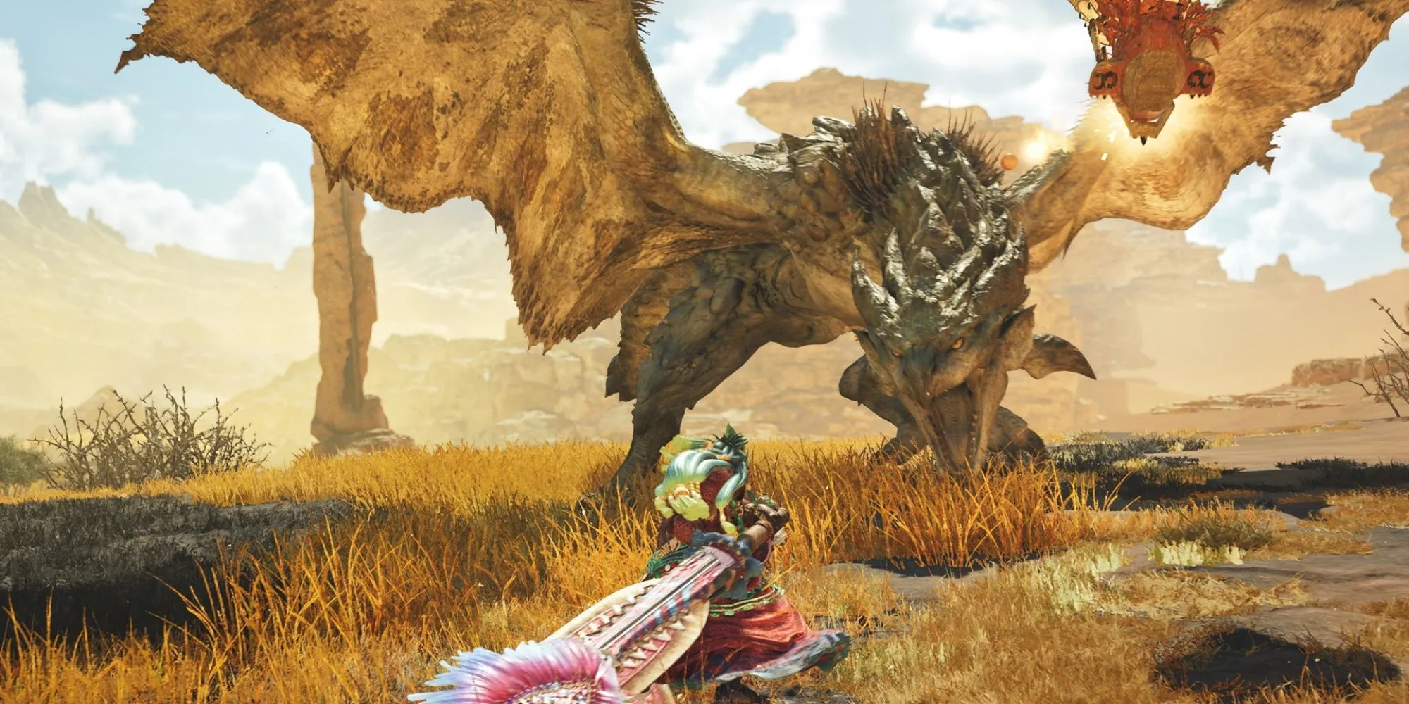 Thợ săn chiến đấu với Rathian bằng kiếm trong Monster Hunter Wilds
