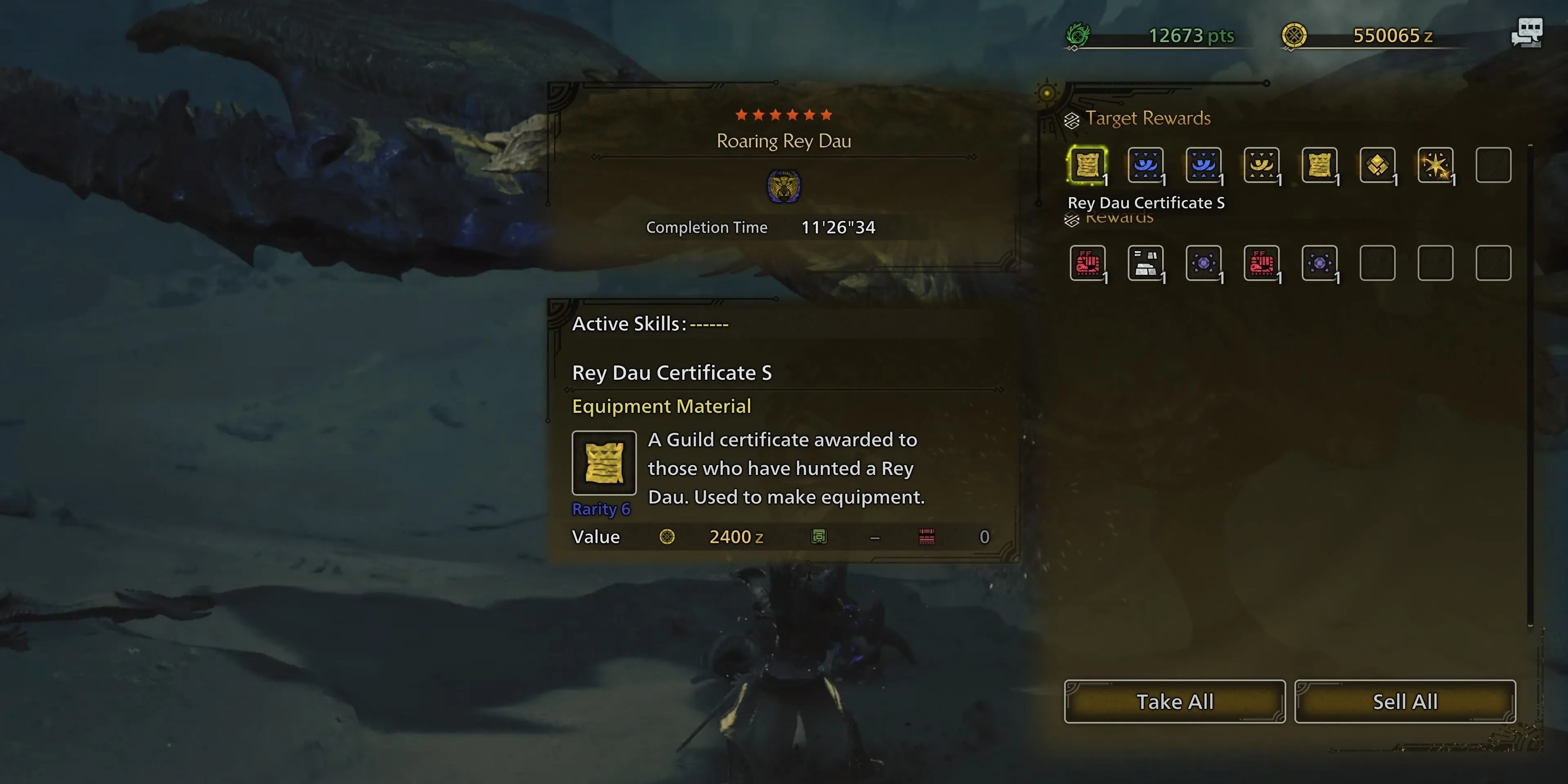 Thợ săn nhận phần thưởng sau khi đánh bại Rey Dau trong Monster Hunter Wilds