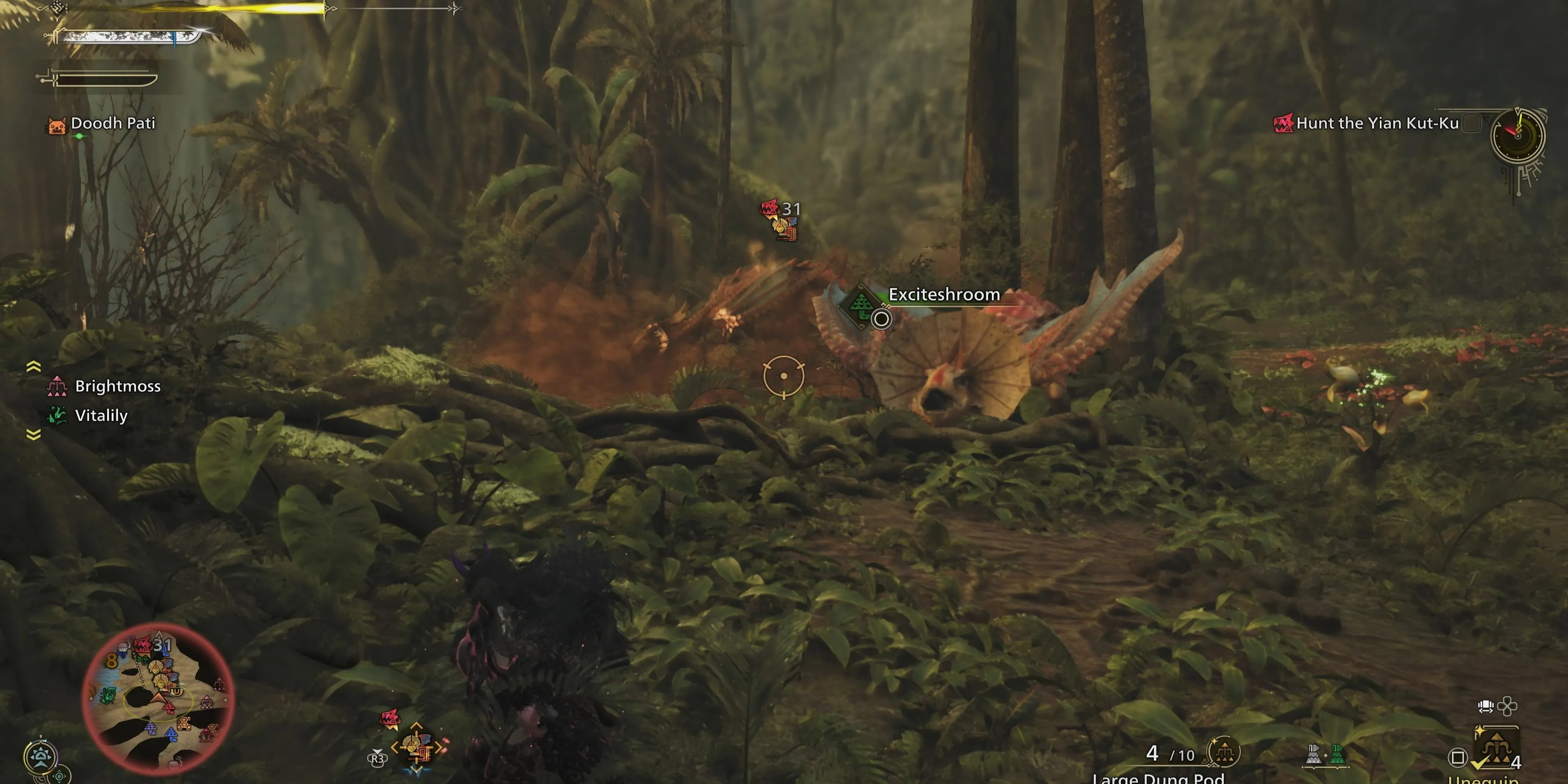 Thợ săn sử dụng Large Dung Pod lên Yian Kut-Ku trong Monster Hunter Wilds để giải tán bầy.