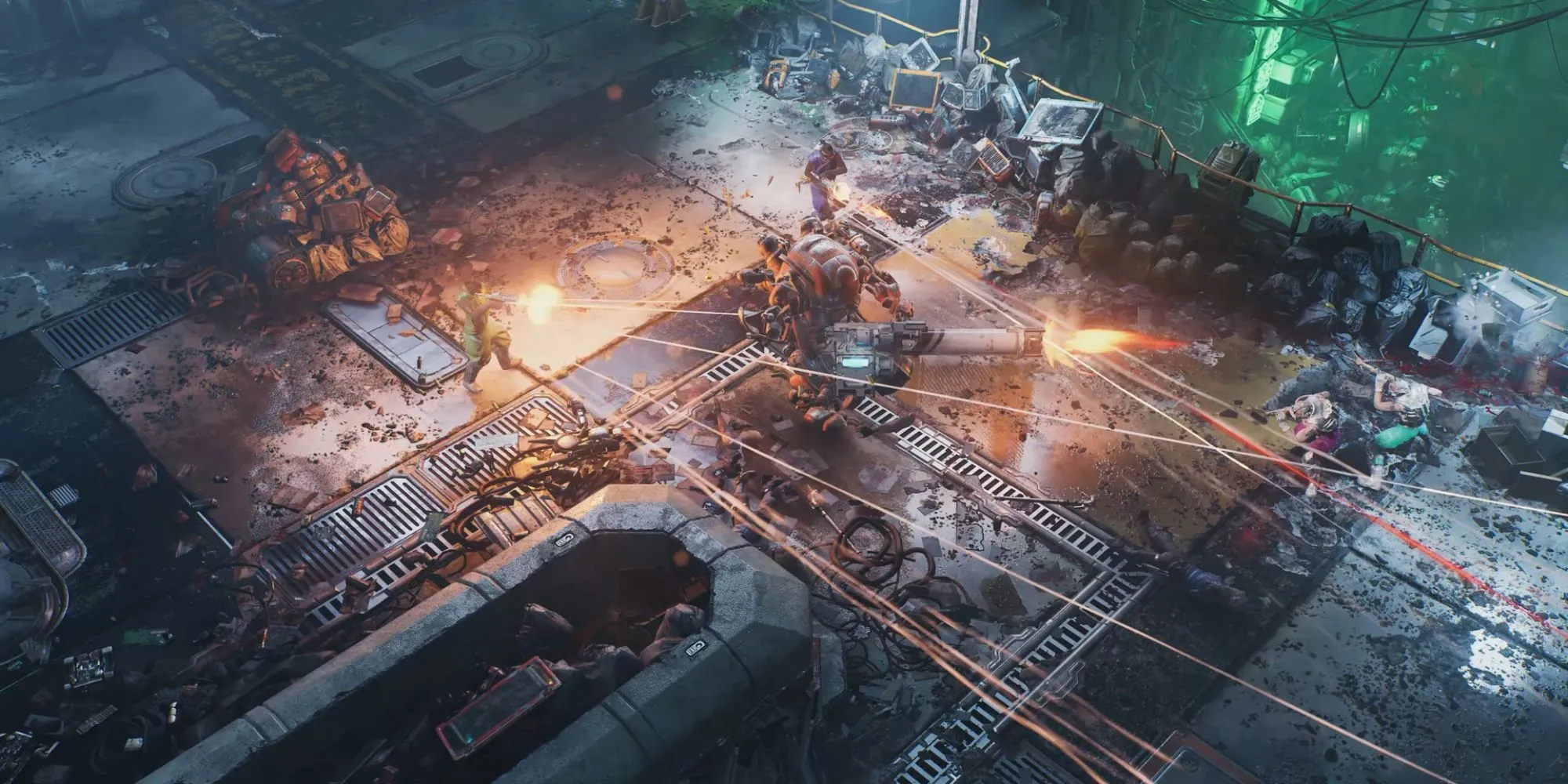 Toàn cảnh thành phố cyberpunk rực rỡ ánh đèn neon trong game The Ascent