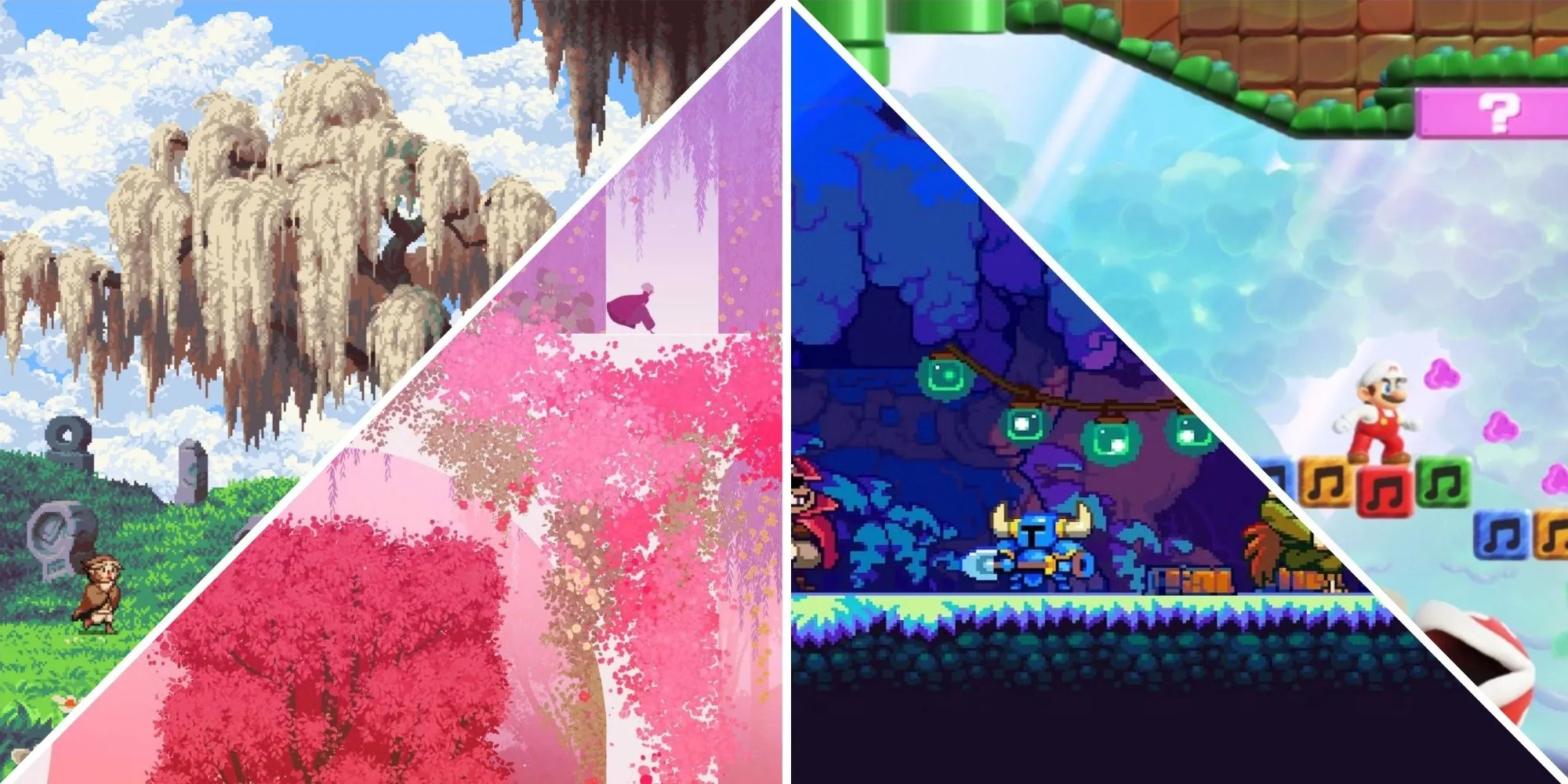 Tổng hợp hình ảnh các game platformer 2D đẹp mắt như Owlboy, Neva, Shovel Knight, Mario Wonder