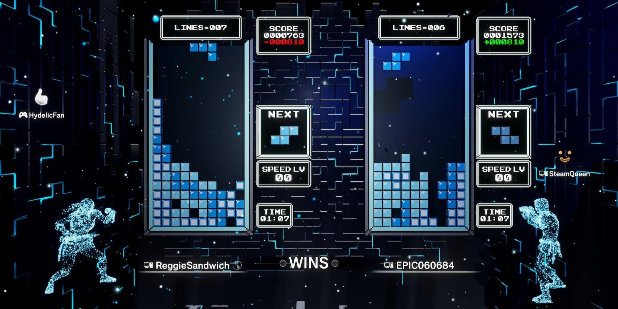 Trận đấu nhiều người chơi trong Tetris Effect Connected với hiệu ứng hình ảnh sống động