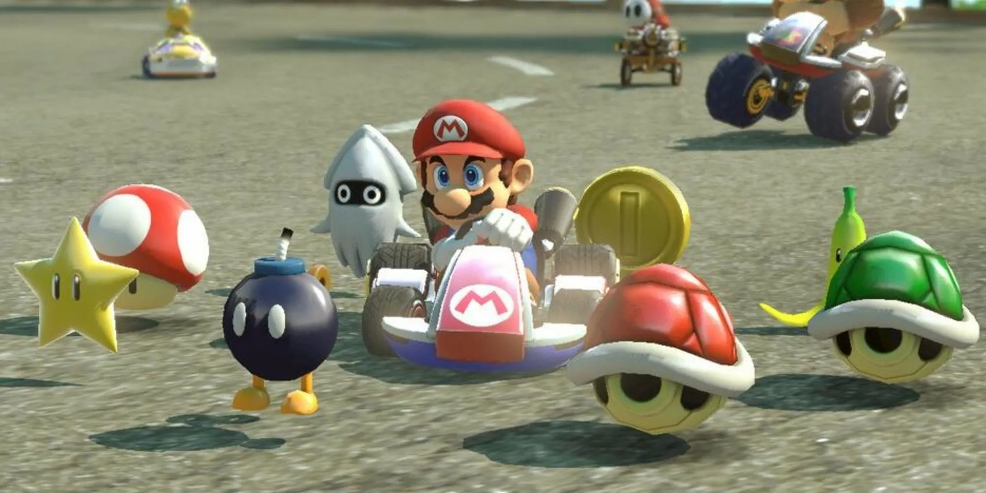 Vật phẩm Crazy 8 trong Mario Kart 8 Deluxe với bom, vỏ đỏ, sao, chuối, nấm, xu, blooper
