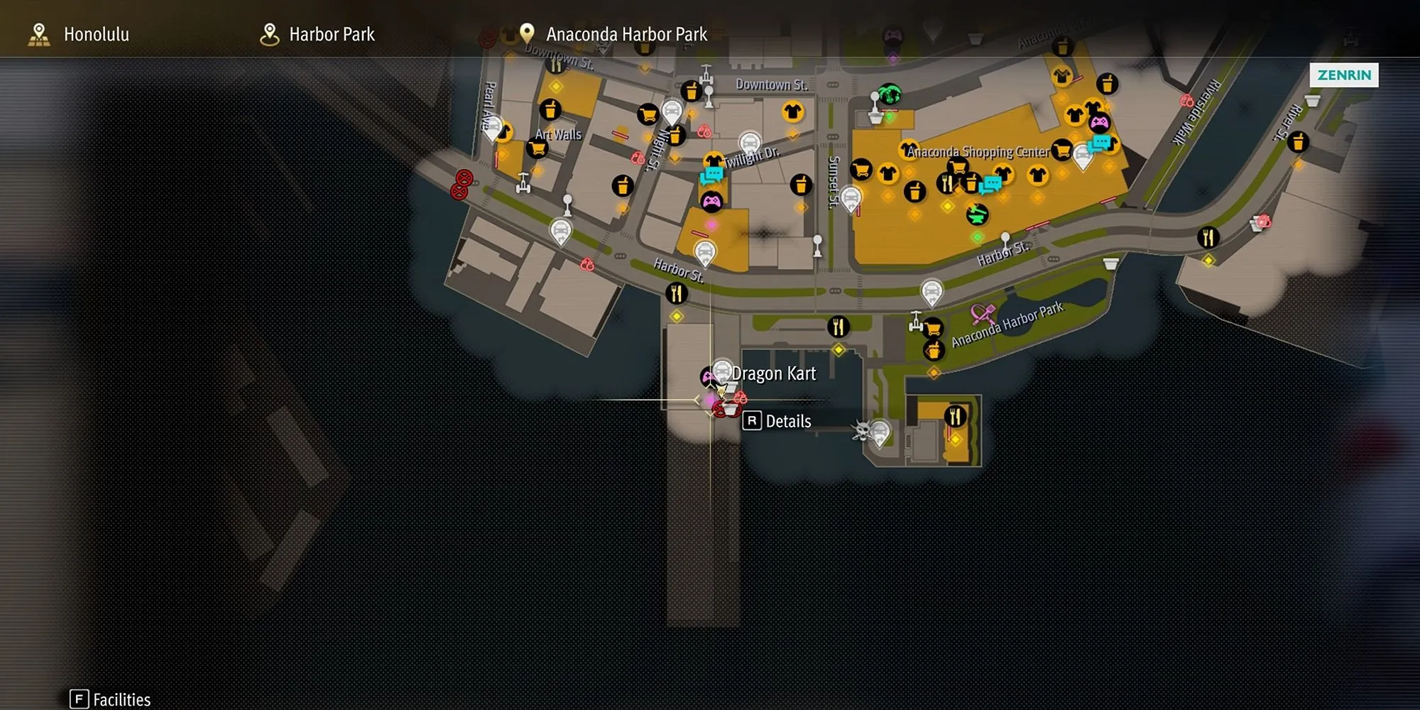 Vị trí mini-game Dragon Kart trên bản đồ Honolulu trong Like A Dragon: Pirate Yakuza