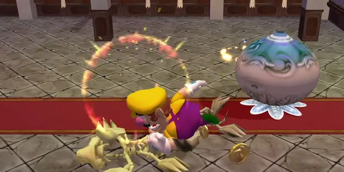Wario dùng đầu húc đối thủ trong game Wario World trên GameCube
