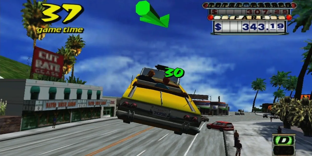 Xe taxi vàng bay qua dốc trong game Crazy Taxi GameCube