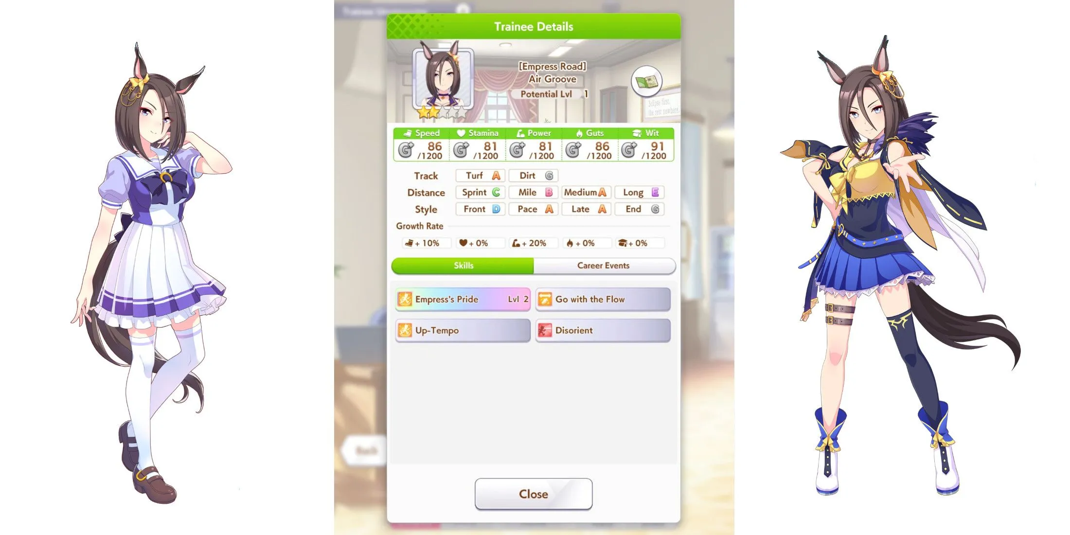 Air Groove trong giao diện huấn luyện Umamusume Pretty Derby, giới thiệu nhân vật và chỉ số cơ bản.