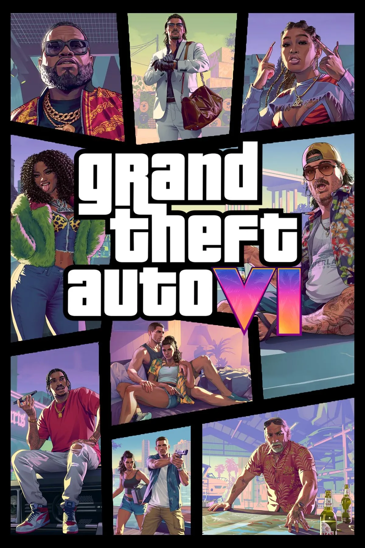 Ảnh bìa chính thức của game Grand Theft Auto 6 với logo và phong cách nghệ thuật đặc trưng của Rockstar