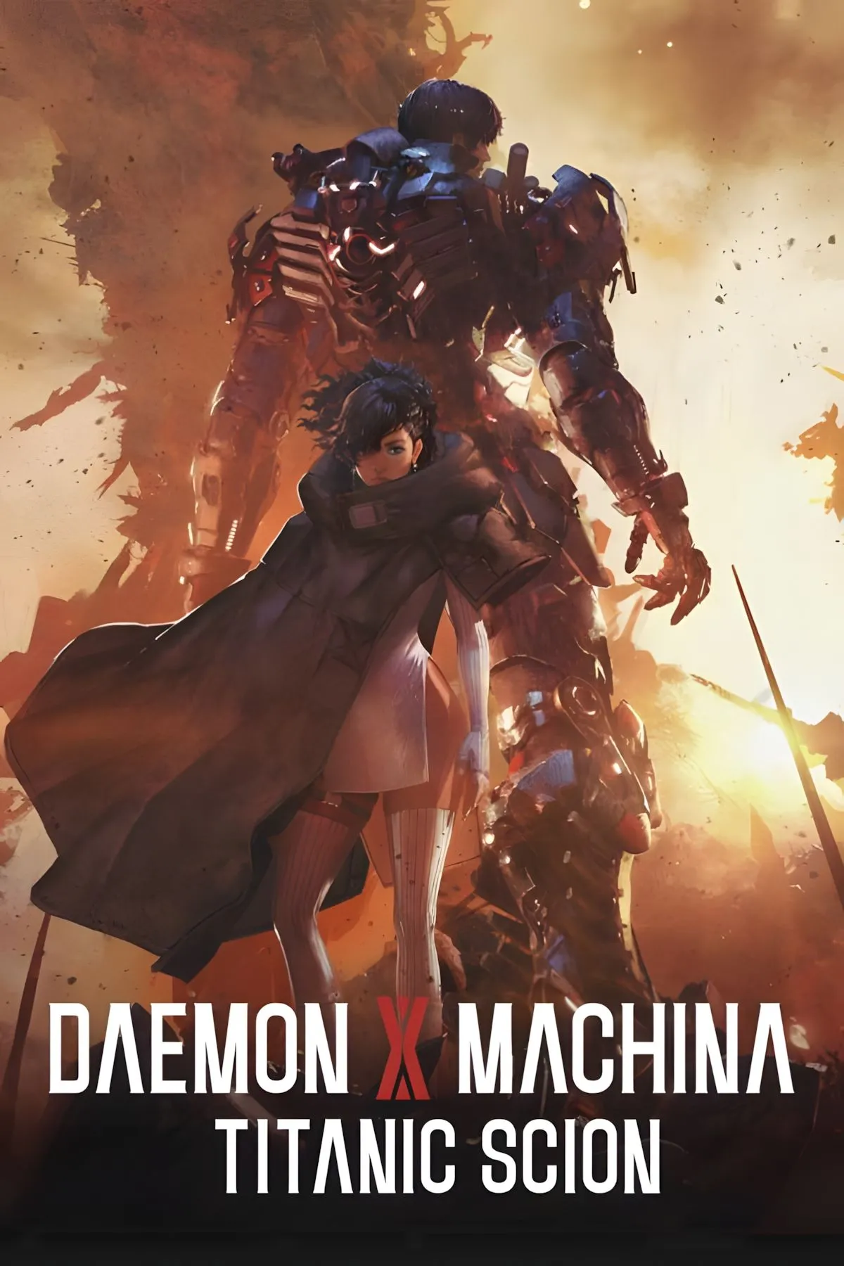 Ảnh bìa của game Daemon X Machina: Titanic Scion, với hình ảnh một mech hầm hố trên nền phong cảnh hậu tận thế, gợi lên bối cảnh chiến đấu robot khốc liệt.