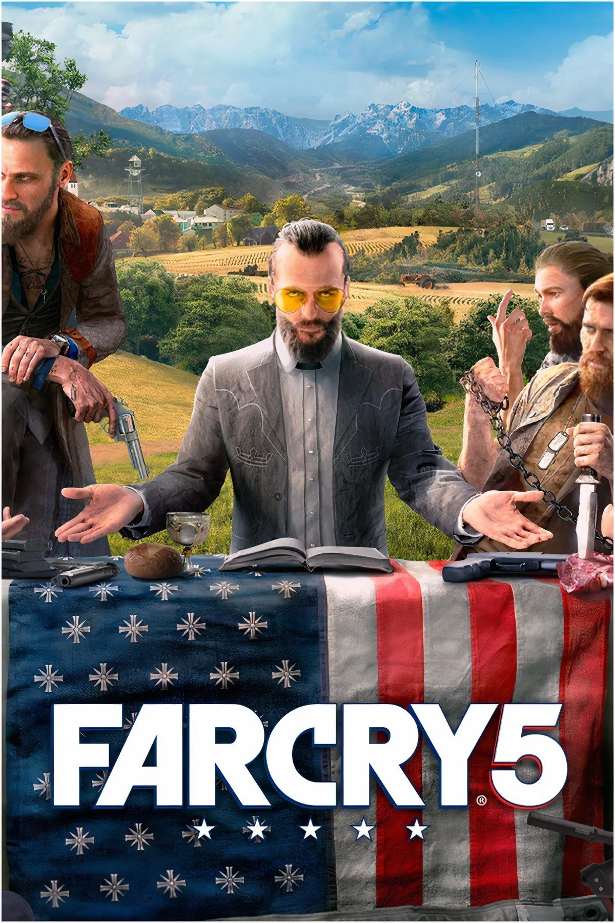 Ảnh bìa game Far Cry 5 với bối cảnh Hope County và gia đình Seed