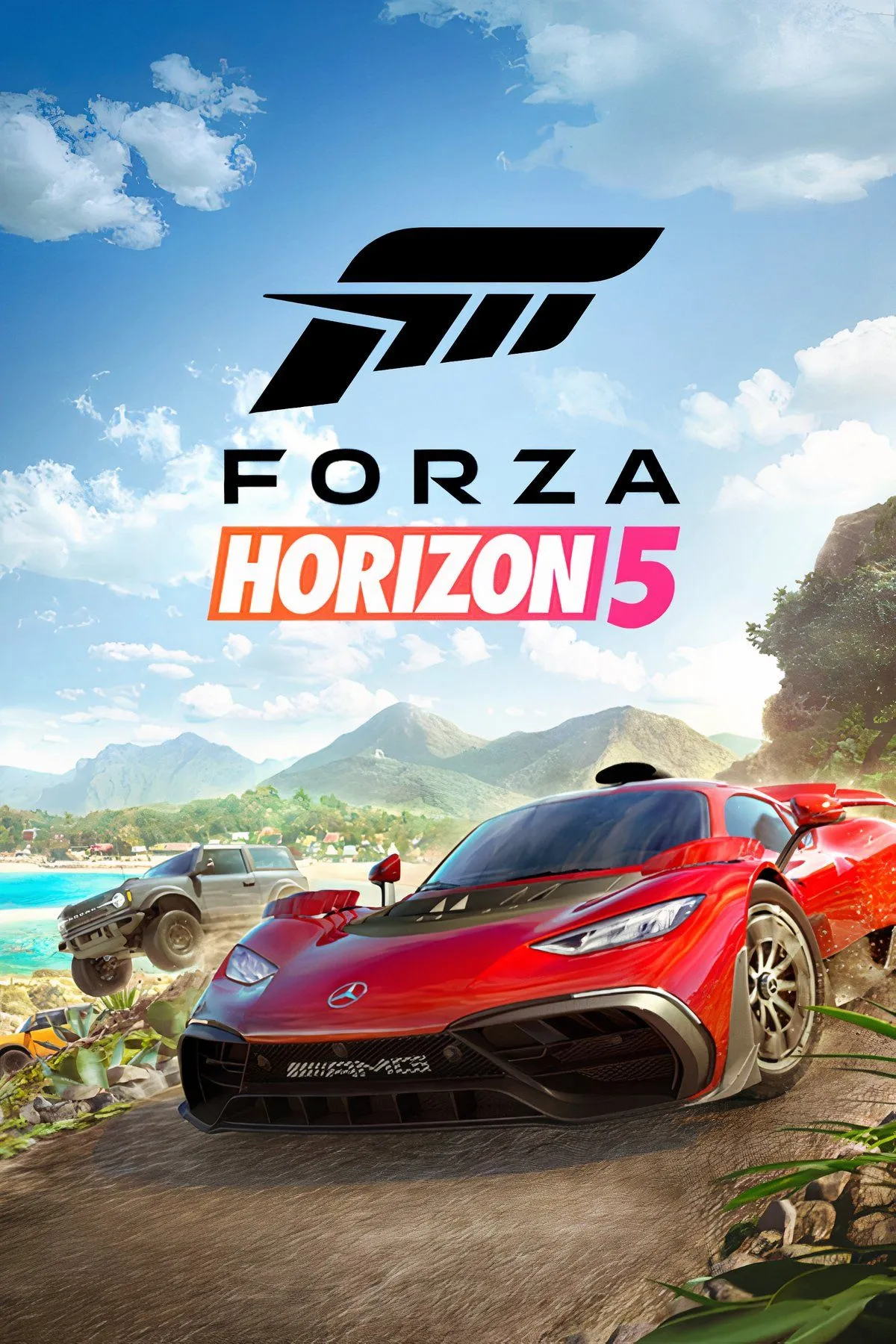 Ảnh bìa game Forza Horizon 5 với những siêu xe đua trong môi trường mở