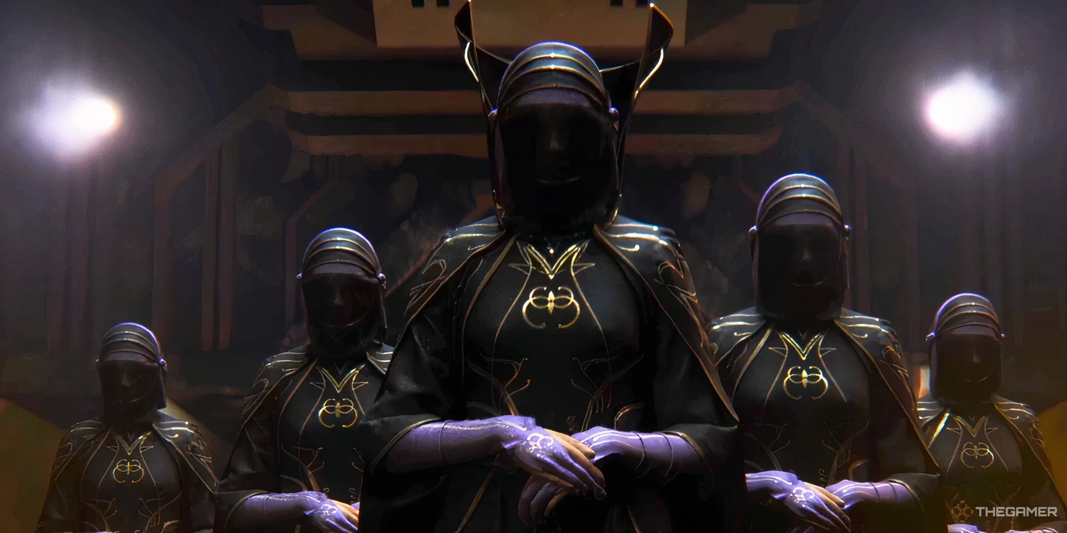 Bene Gesserit trong Dune: Awakening, những người phụ nữ mặc áo choàng và mạng che mặt đen.