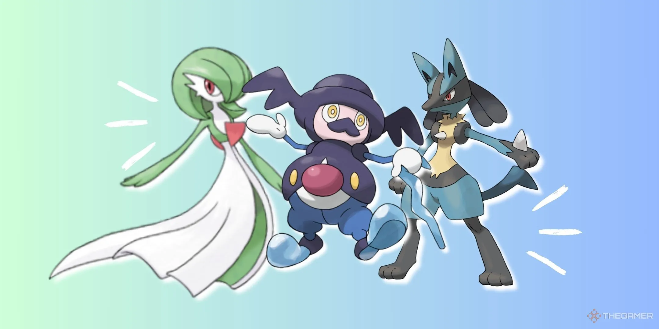 Bộ ba Pokémon Gardevoir, Mr. Rime và Lucario, đại diện cho thiết kế 3D trong các tựa game Pokémon gần đây