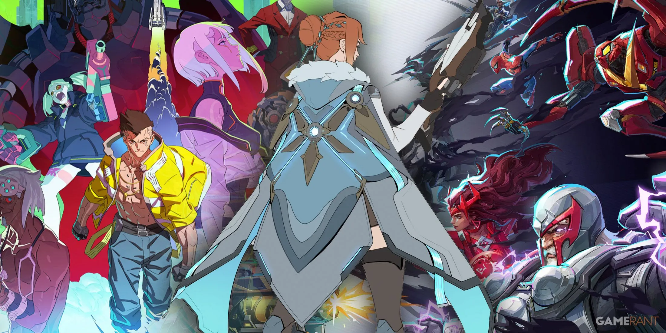 Các nhân vật Overwatch và Marvel Rivals trong bối cảnh giao tranh, thể hiện sự cạnh tranh giữa hai tựa game bắn súng anh hùng.
