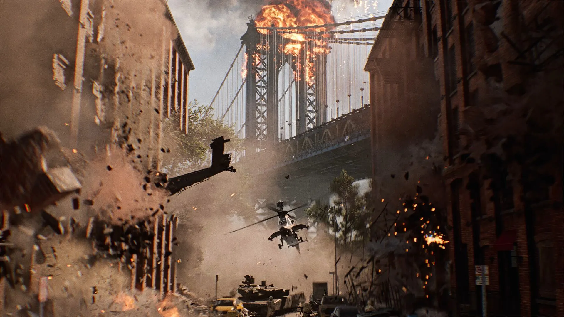 Cảnh chiến đấu góc nhìn thứ nhất với hiệu ứng nổ và khói bụi dày đặc trong Battlefield 6