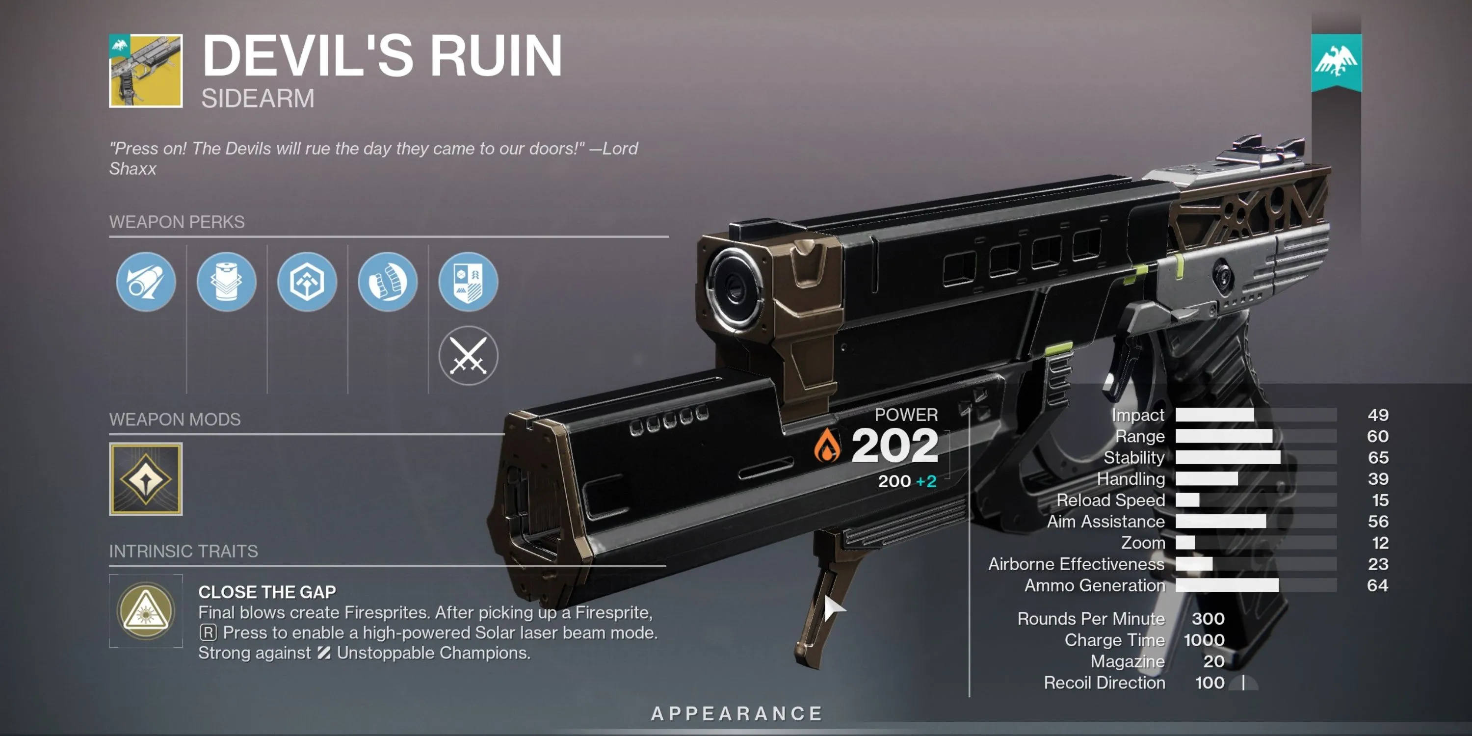 Chi tiết thông số và sức mạnh của vũ khí Sidearm Devil's Ruin trong Destiny 2