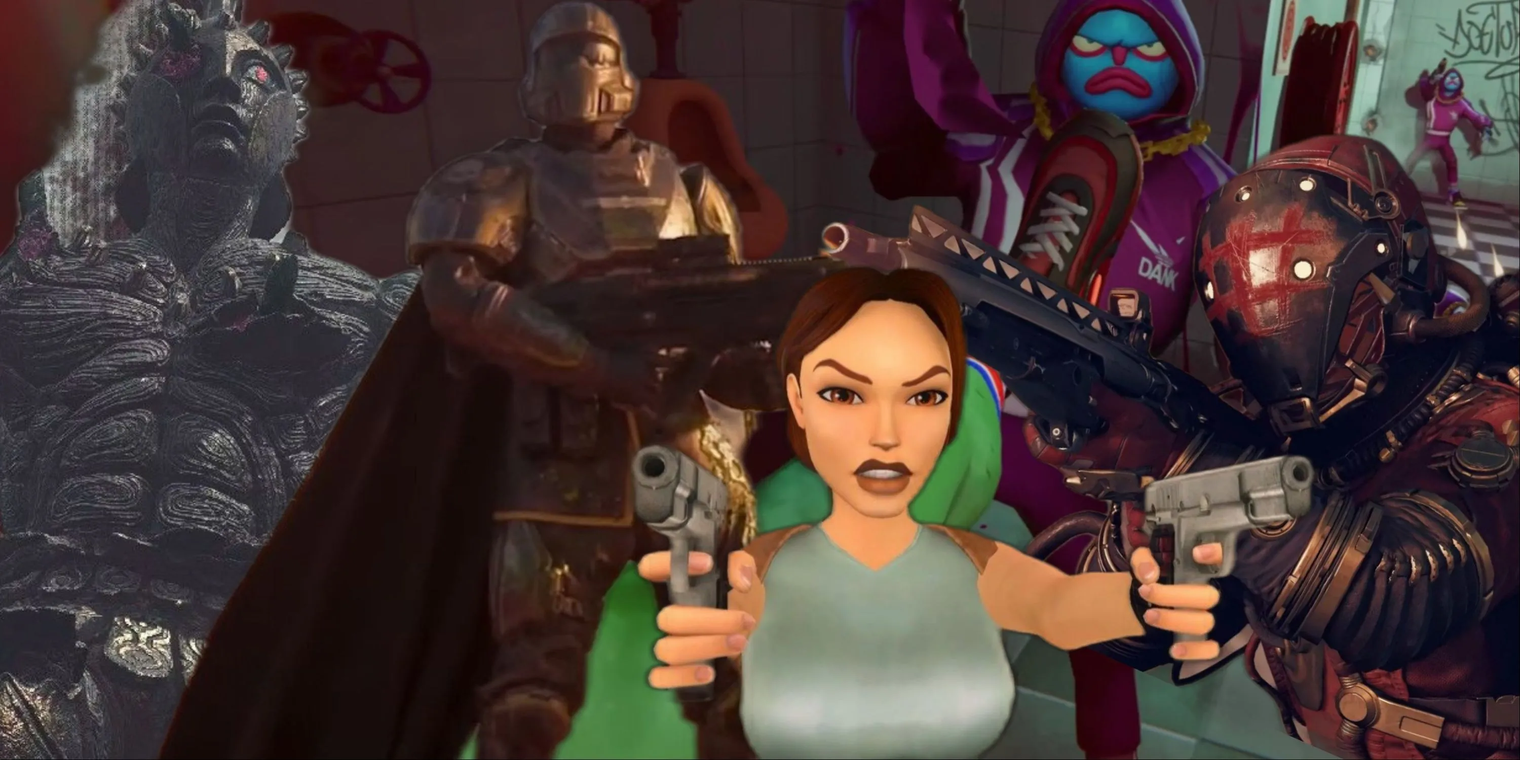 Collage các nhân vật game hành động PC nổi bật: Lara Croft, Helldivers 2, Crimson Fleet Starfield, Talos Dragon's Dogma 2, Anger Foot