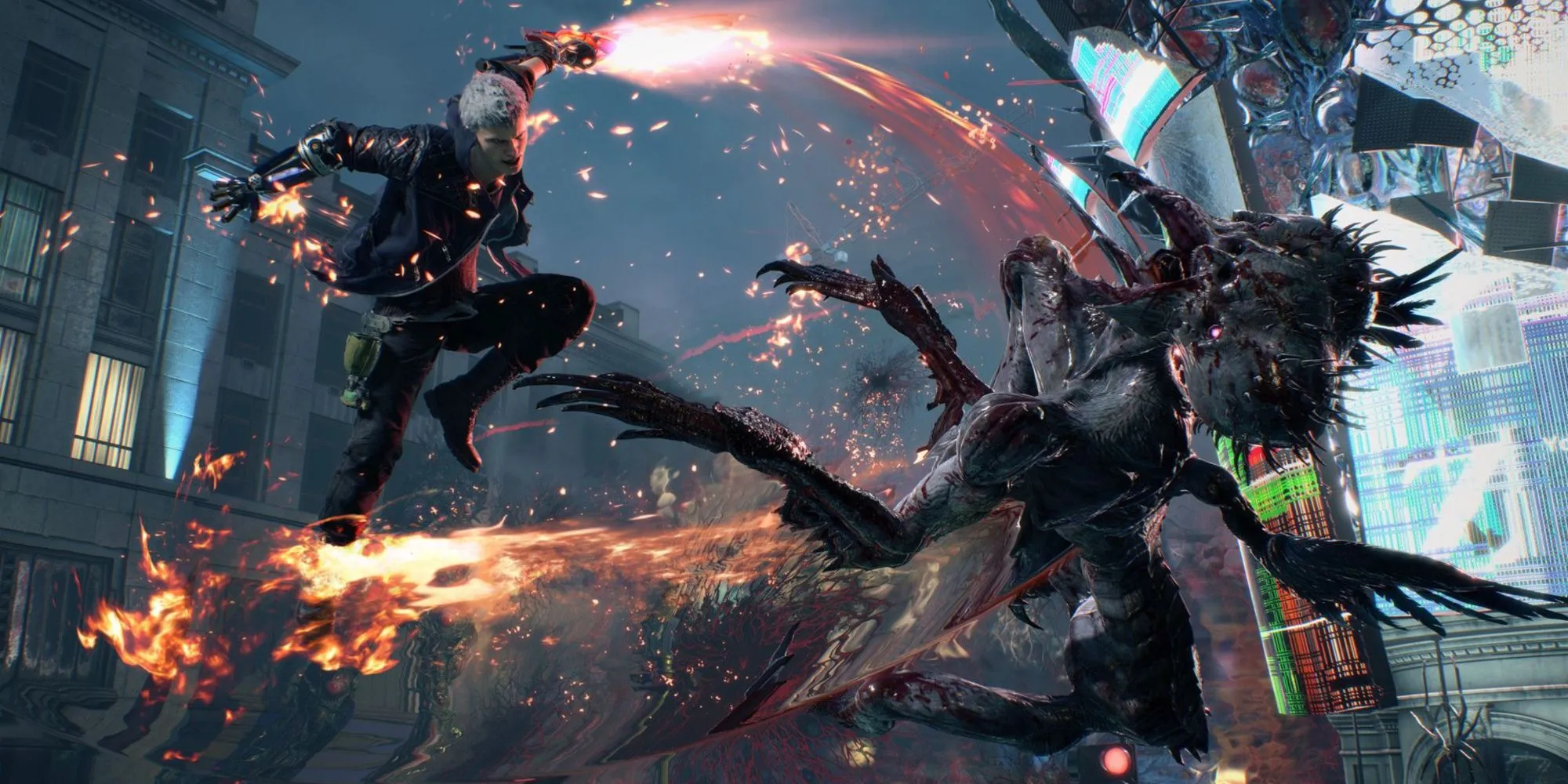 Dante từ Devil May Cry 5 đang tung đòn chém hiểm hóc vào kẻ thù, thể hiện phong cách chiến đấu đỉnh cao của series game hành động này