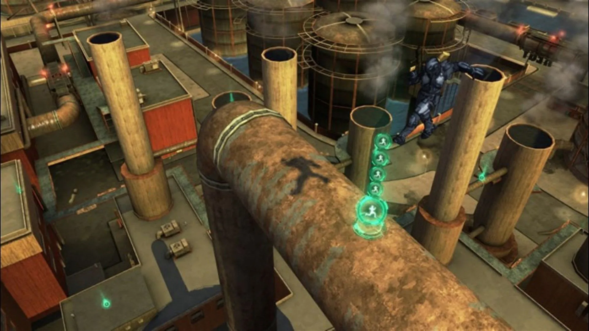Gameplay Crackdown 2 với nhân vật chính đang nhảy cao trên thành phố