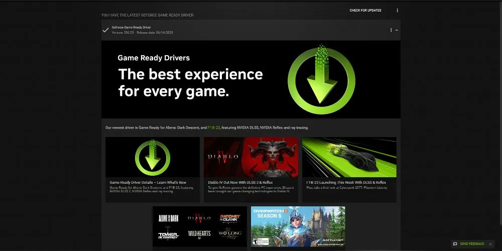 Giao diện cập nhật driver đồ họa NVIDIA GeForce Experience trên PC
