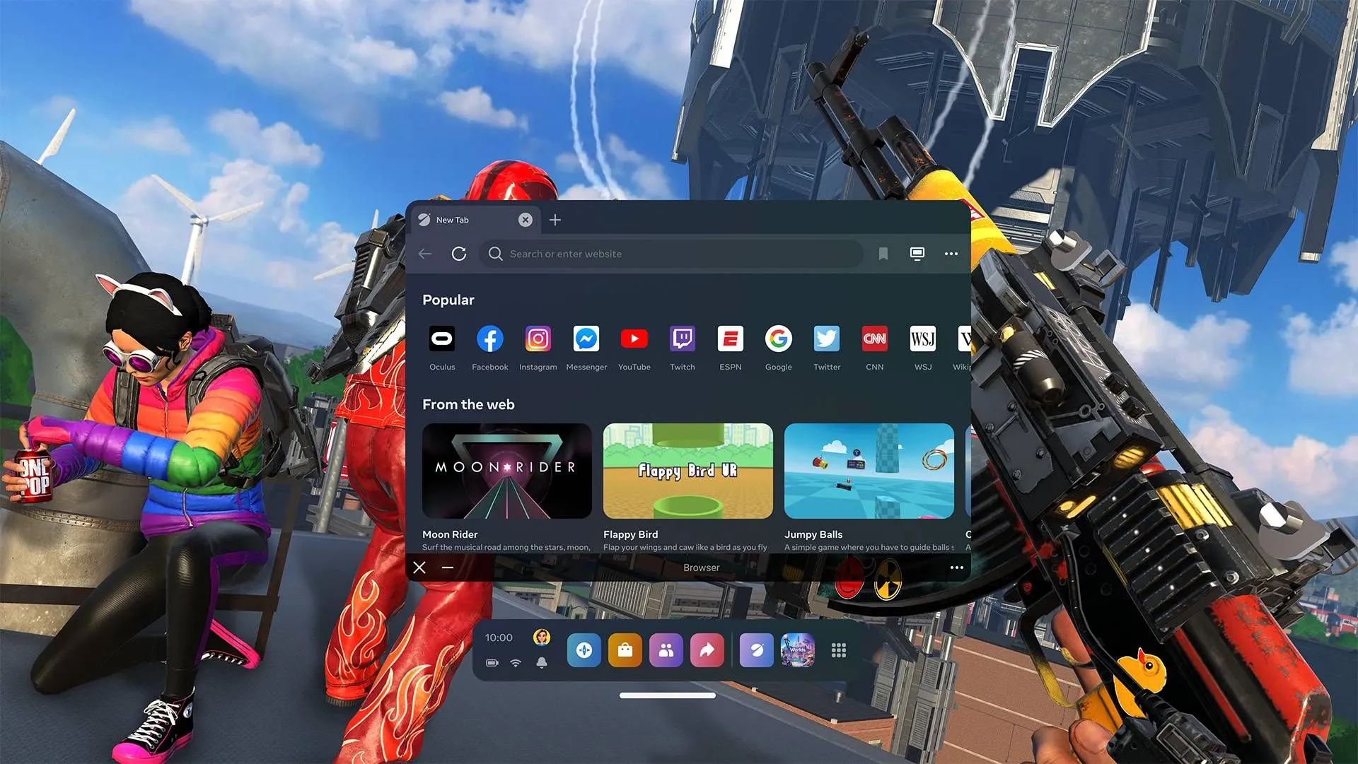 Giao diện trình duyệt Meta Quest với nhiều cửa sổ đa nhiệm, thể hiện tính năng Virtual Desktop