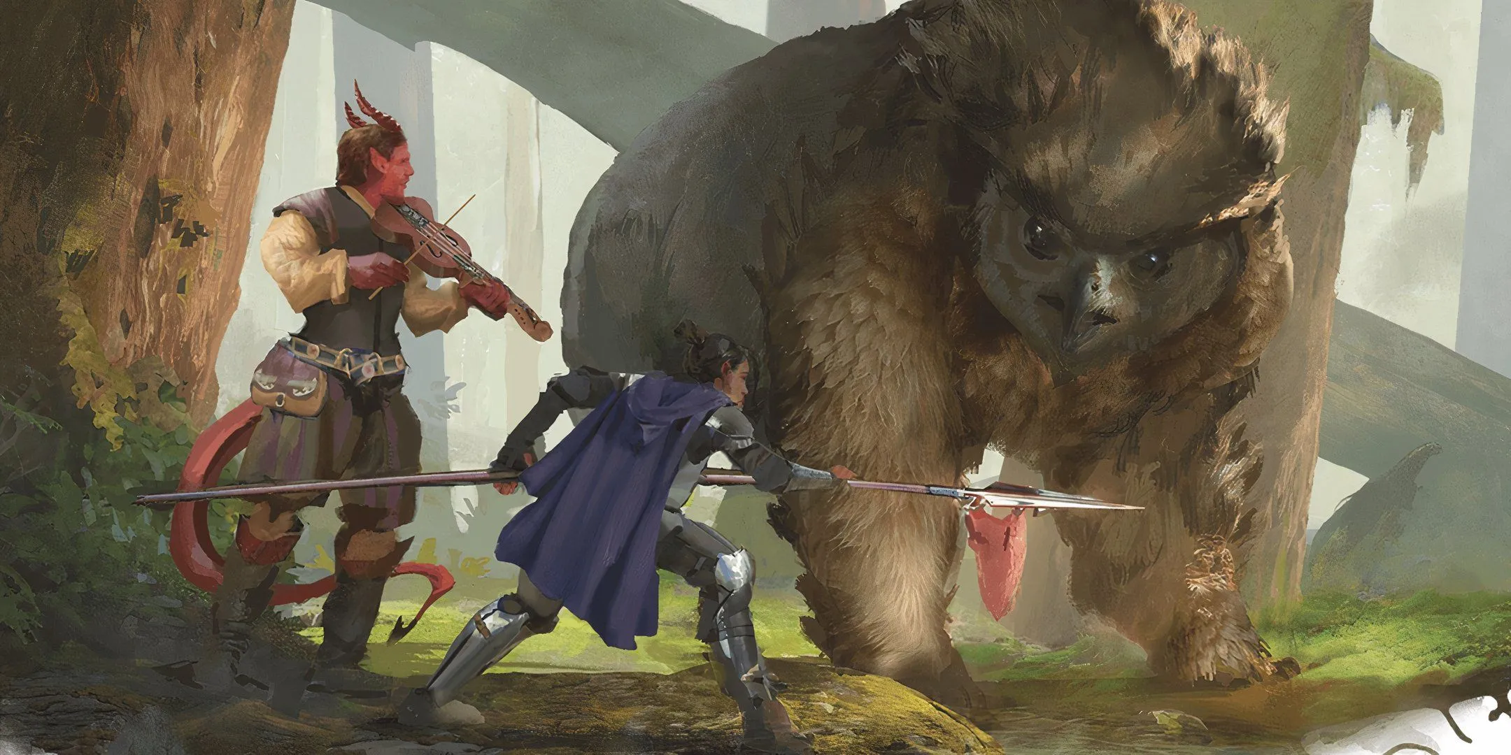 Hai nhà thám hiểm Dungeons &amp; Dragons thương lượng với Owlbear hung tợn trong một cuộc gặp gỡ nguy hiểm