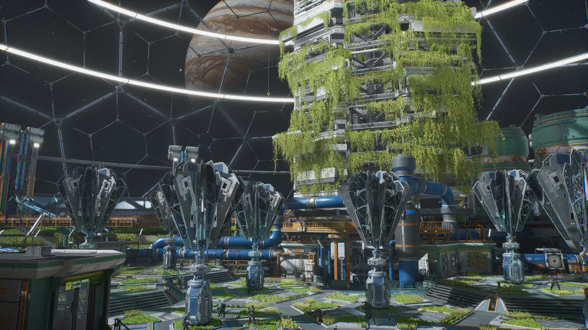 Hai nhân vật song sinh khám phá hành lang trạm không gian trong The Expanse Osiris Reborn, với góc nhìn ra vũ trụ bao la.