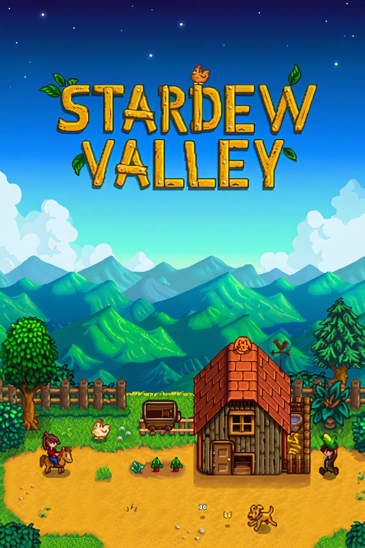 Hình ảnh bìa game Stardew Valley với nông trại và các nhân vật dễ thương