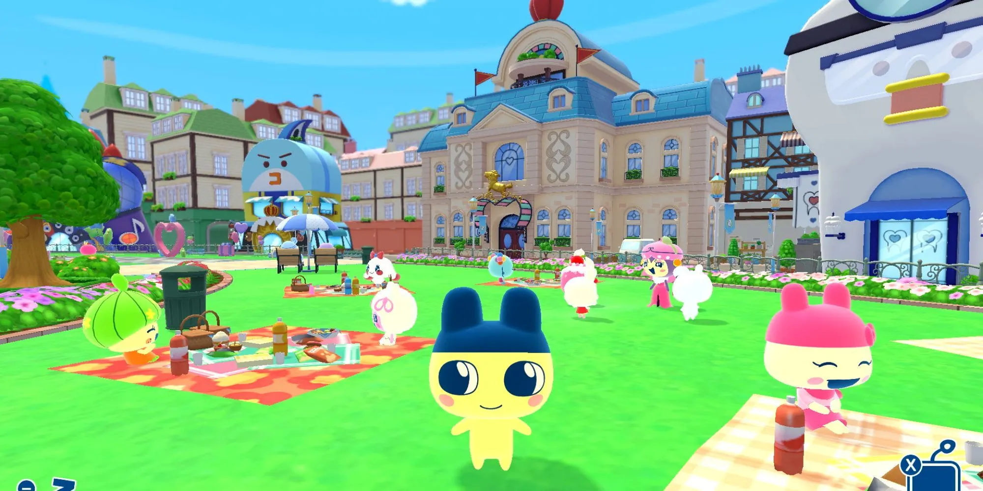 Hình ảnh màn hình game Tamagotchi Plaza màu tím với các biểu tượng, minh họa doanh số không tốt tại Anh