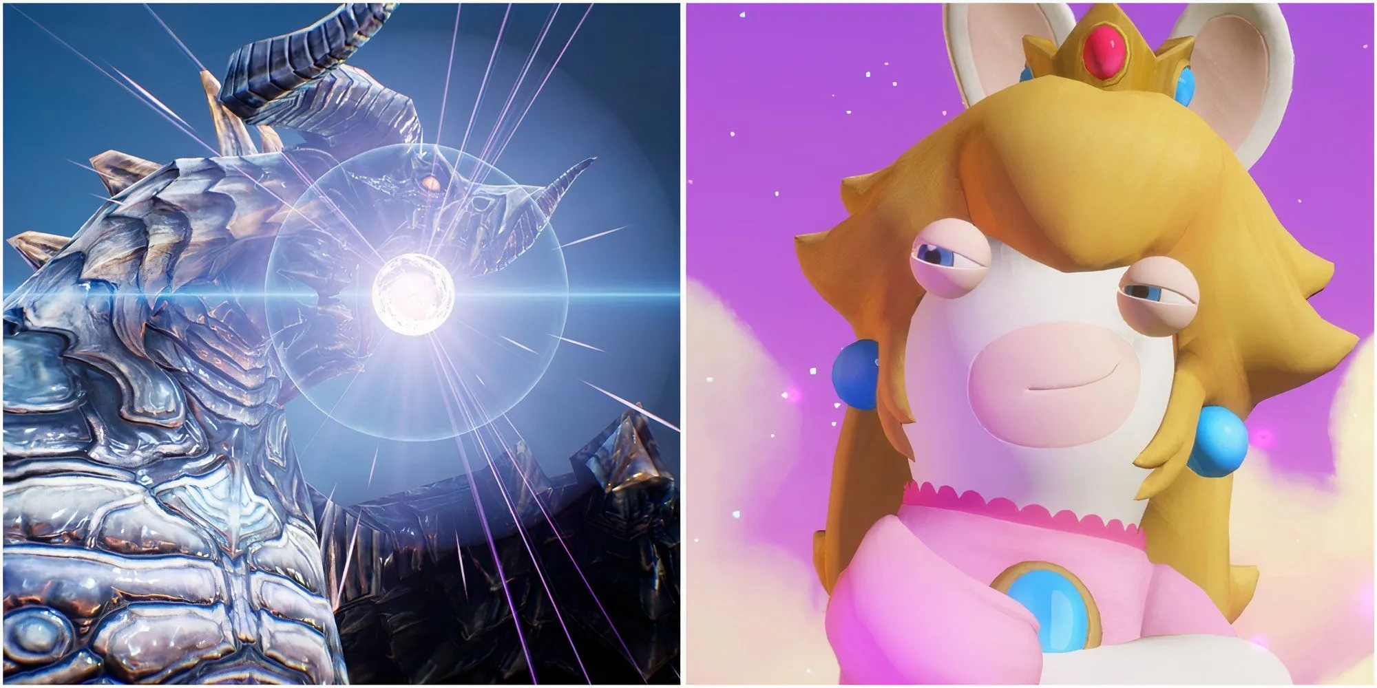 Hình ảnh nhân vật Bahamut trong The Diofield Chronicle và Peach Rabbid trong Mario + Rabbids Sparks Of Hope