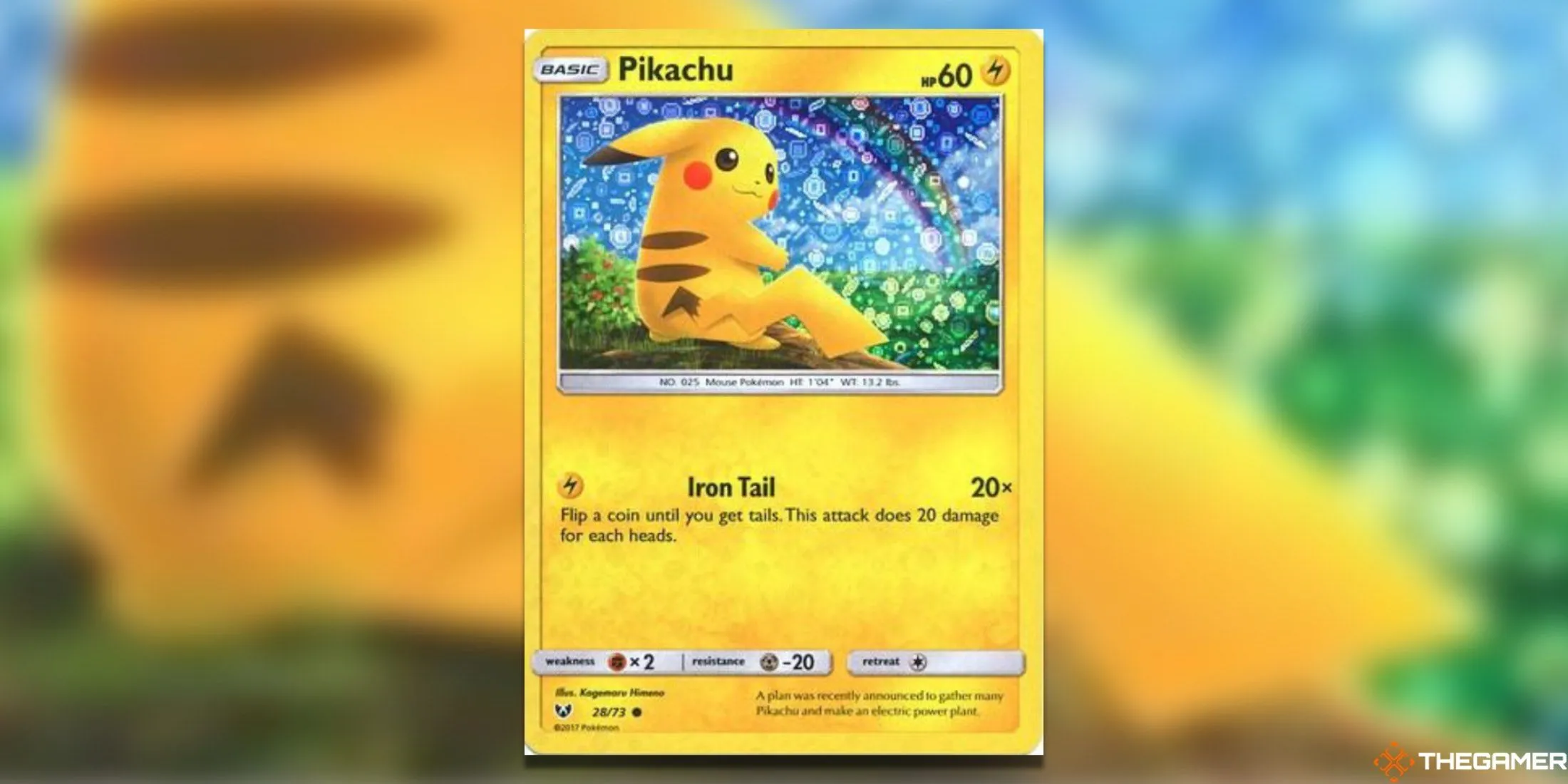 Hình ảnh thẻ bài Pokemon TCG Pikachu 28/73 General Mills với nền cầu vồng rực rỡ