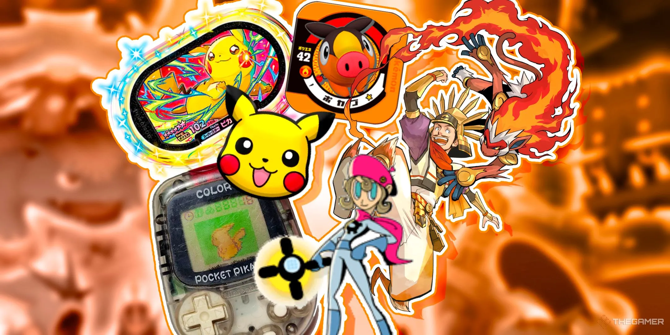 Hình ảnh tổng hợp các sản phẩm và nhân vật phụ trong vũ trụ Pokémon, thể hiện sự đa dạng của thương hiệu