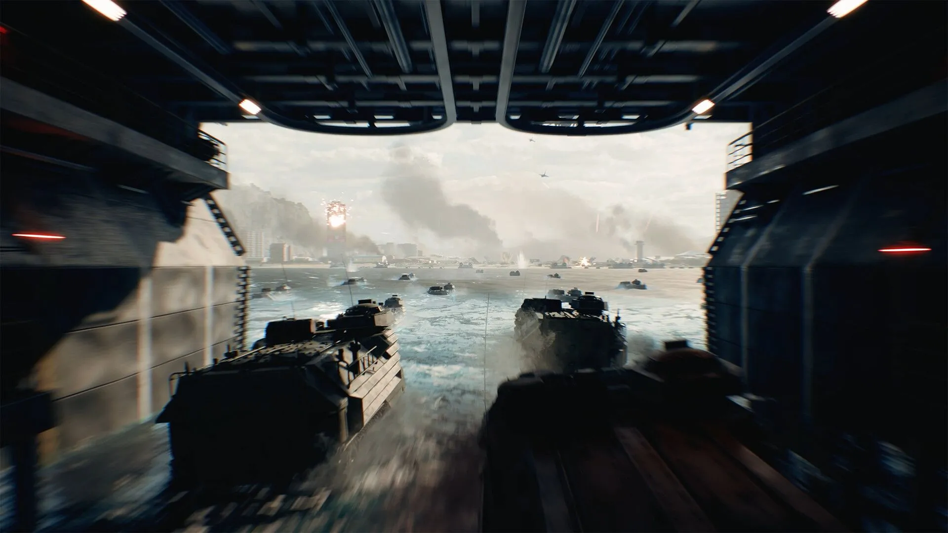 Hình ảnh về một cuộc giao tranh dữ dội với nhiều vụ nổ và khói lửa trong Battlefield 6