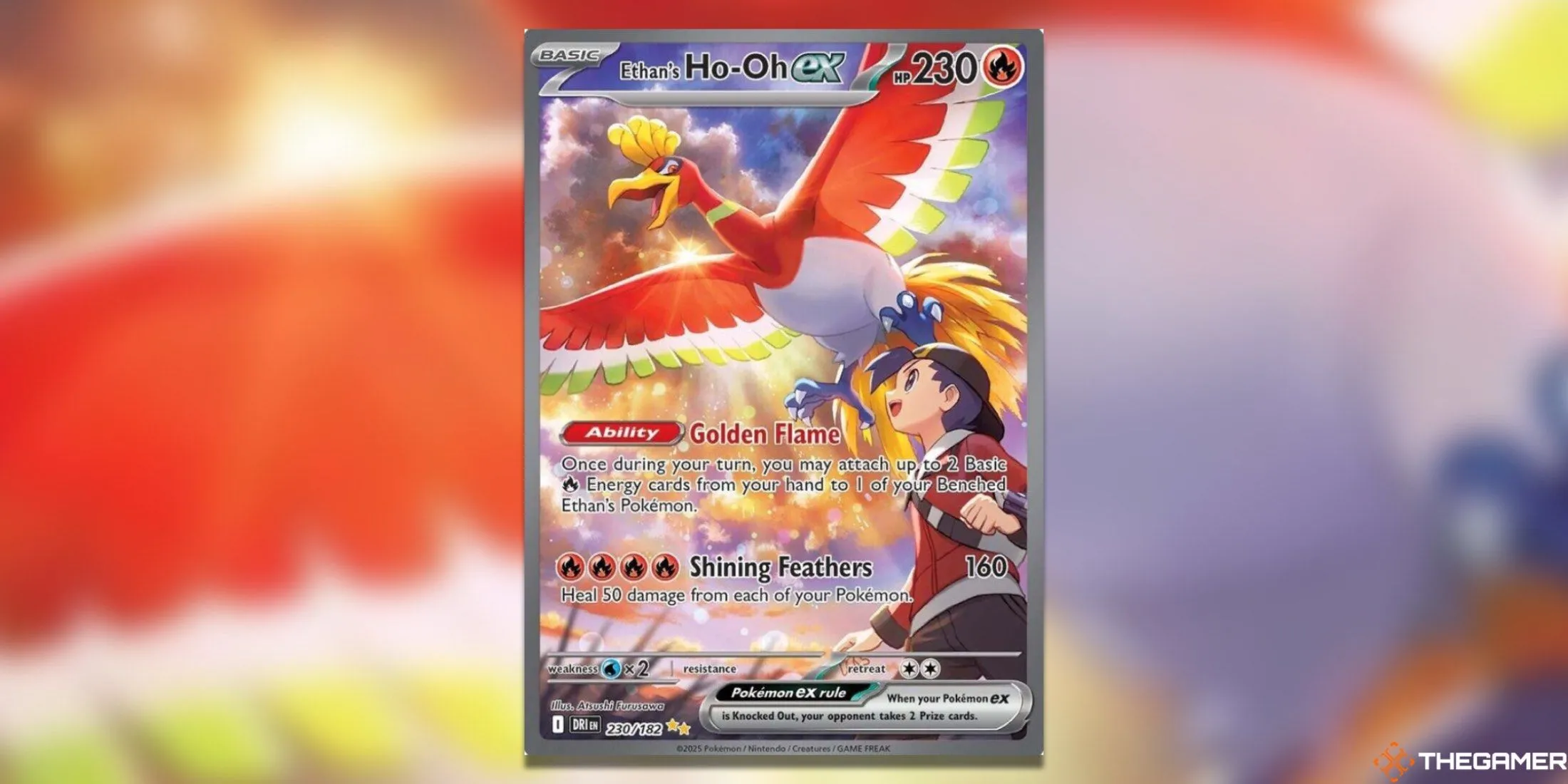 Ho-Oh EX của Ethan Special Illustration Rare trong bộ Pokémon TCG Destined Rivals, rực rỡ dưới ánh mặt trời.