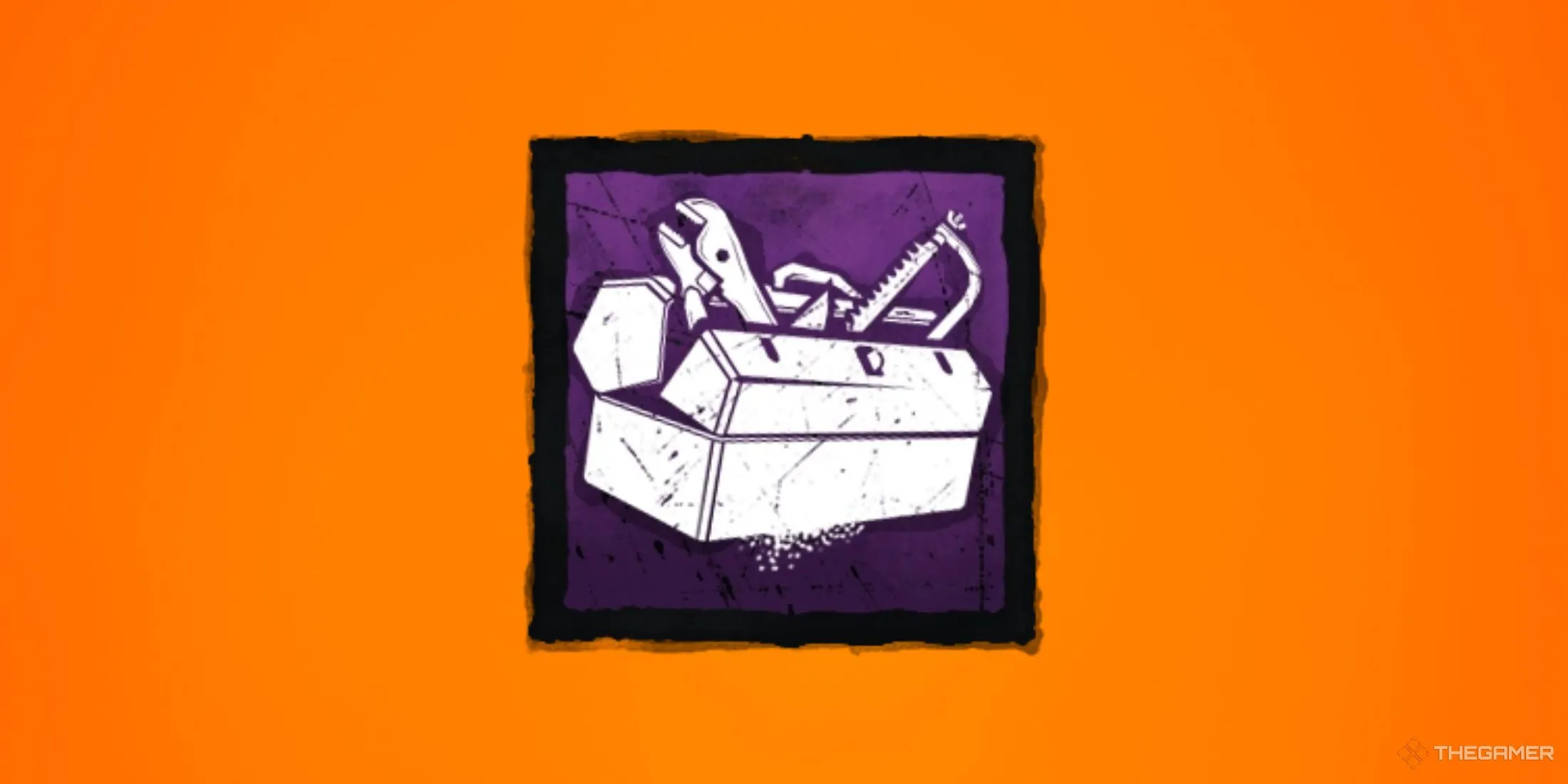 Hộp công cụ Alex's Toolbox nổi bật trên nền cam chuyển sắc, một vật phẩm quý hiếm trong Dead by Daylight được thiết kế cho khả năng phá hoại.