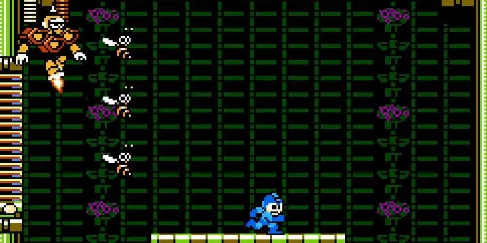 Hornet Man tung đàn ong về phía Mega Man trong Mega Man 9, một khoảnh khắc hành động đầy thử thách đặc trưng của dòng game đi cảnh kinh điển