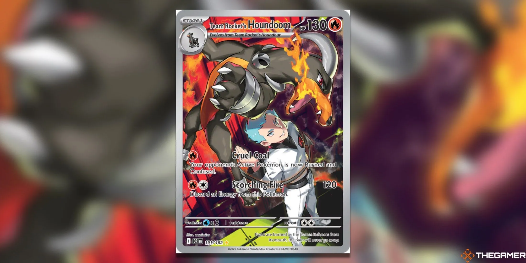 Houndoom của Team Rocket trong bộ Pokémon TCG Destined Rivals với ngọn lửa bùng cháy.