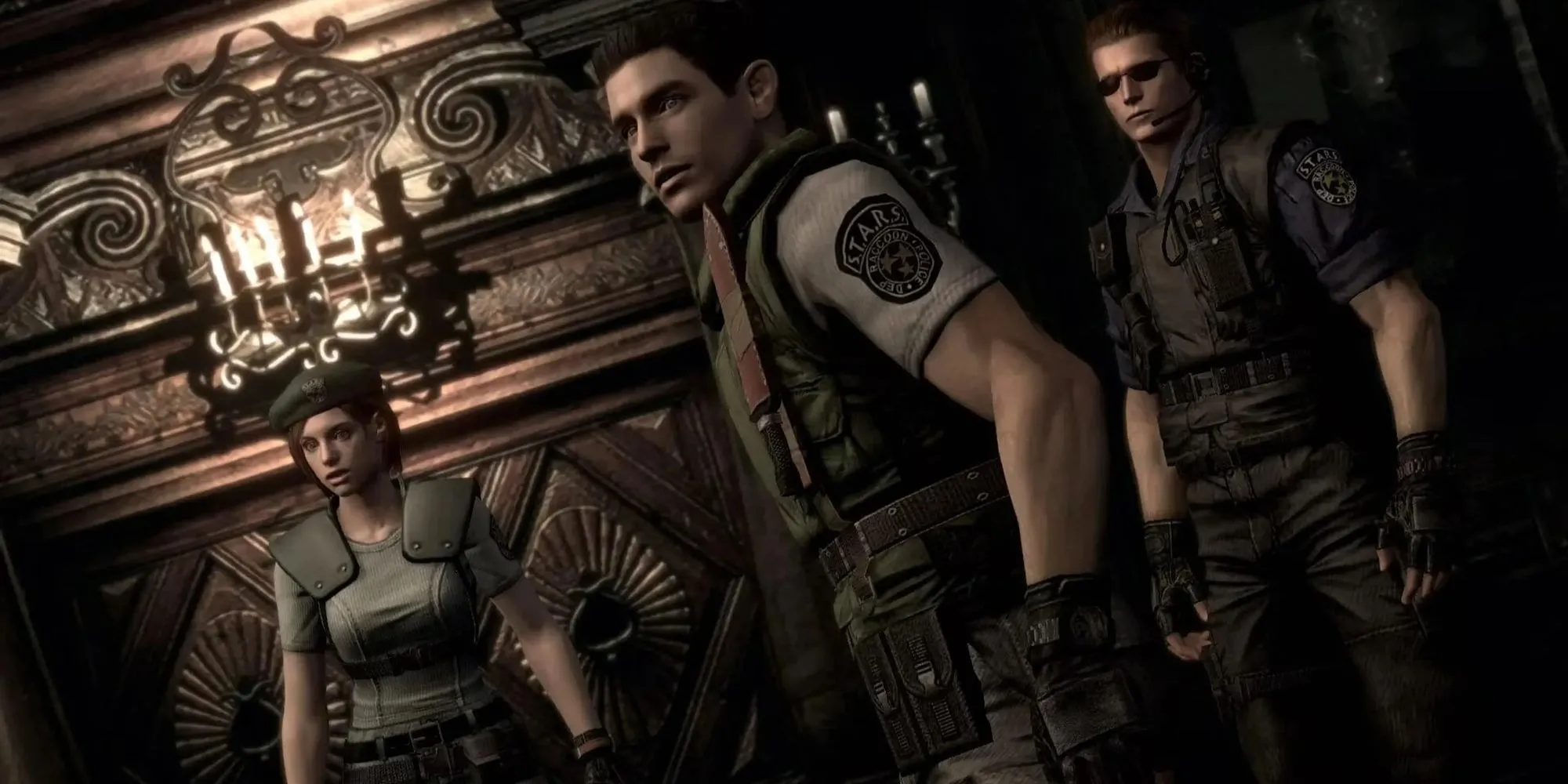 Jill Valentine, Chris Redfield và Albert Wesker chuẩn bị bước vào căn biệt thự bí ẩn trong Resident Evil, một cảnh kinh điển mở đầu cho series kinh dị sinh tồn