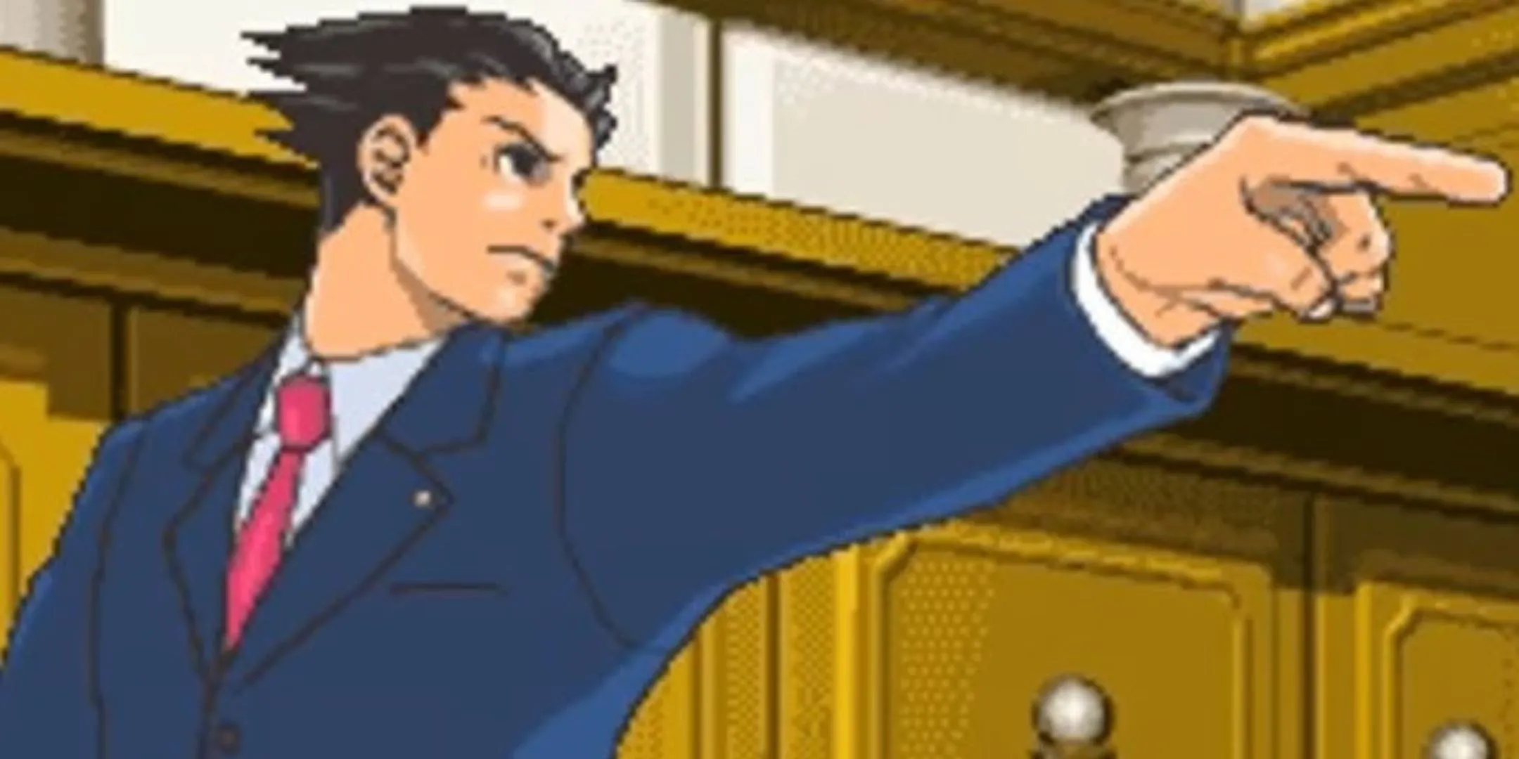 Luật sư Phoenix Wright với biểu cảm đặc trưng đang chỉ tay về phía bên phải trong phiên bản DS của Phoenix Wright: Ace Attorney, minh họa lối chơi visual novel phá án