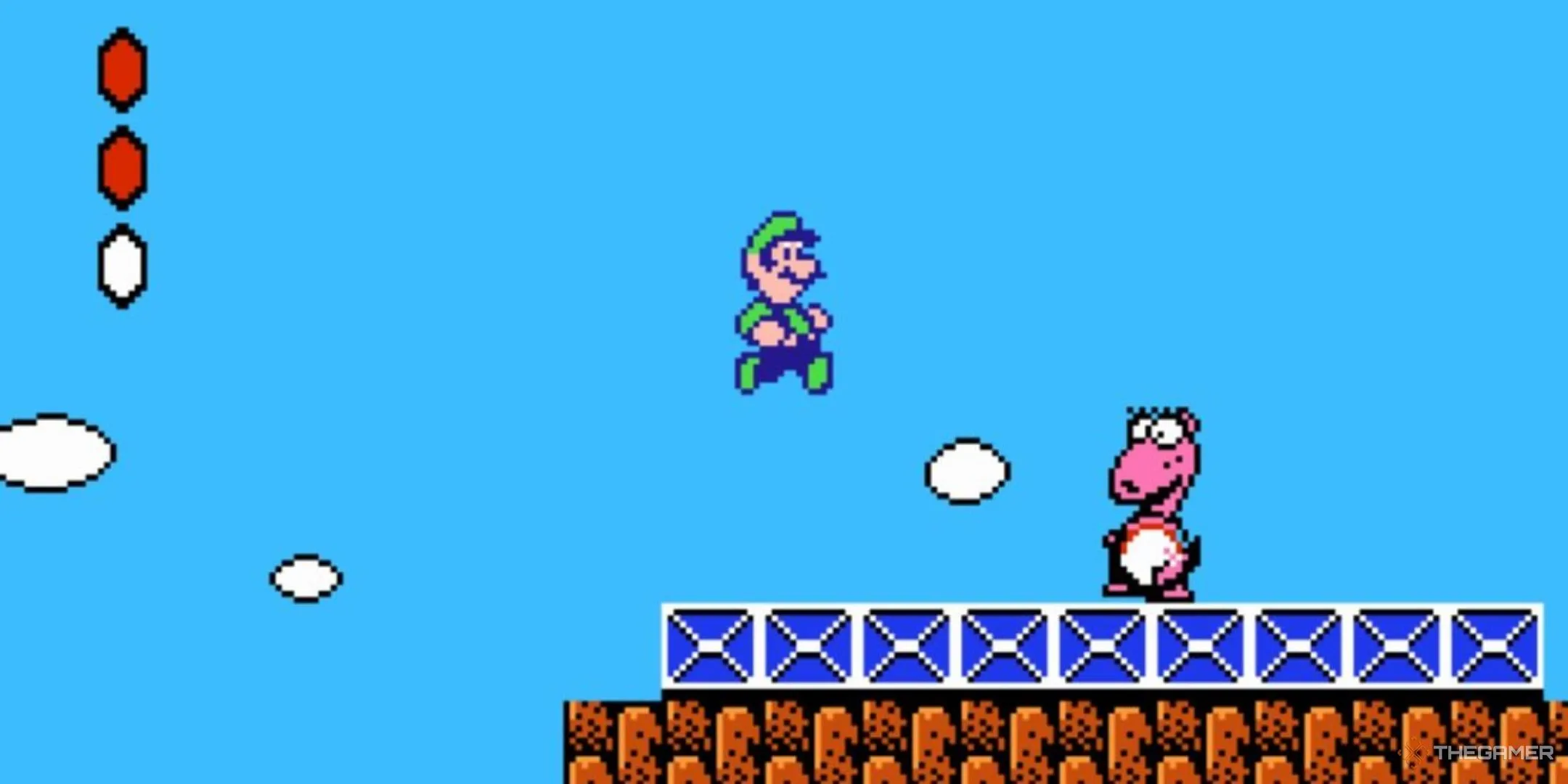 Luigi nhảy qua quái vật Birdo trong Super Mario Bros 2