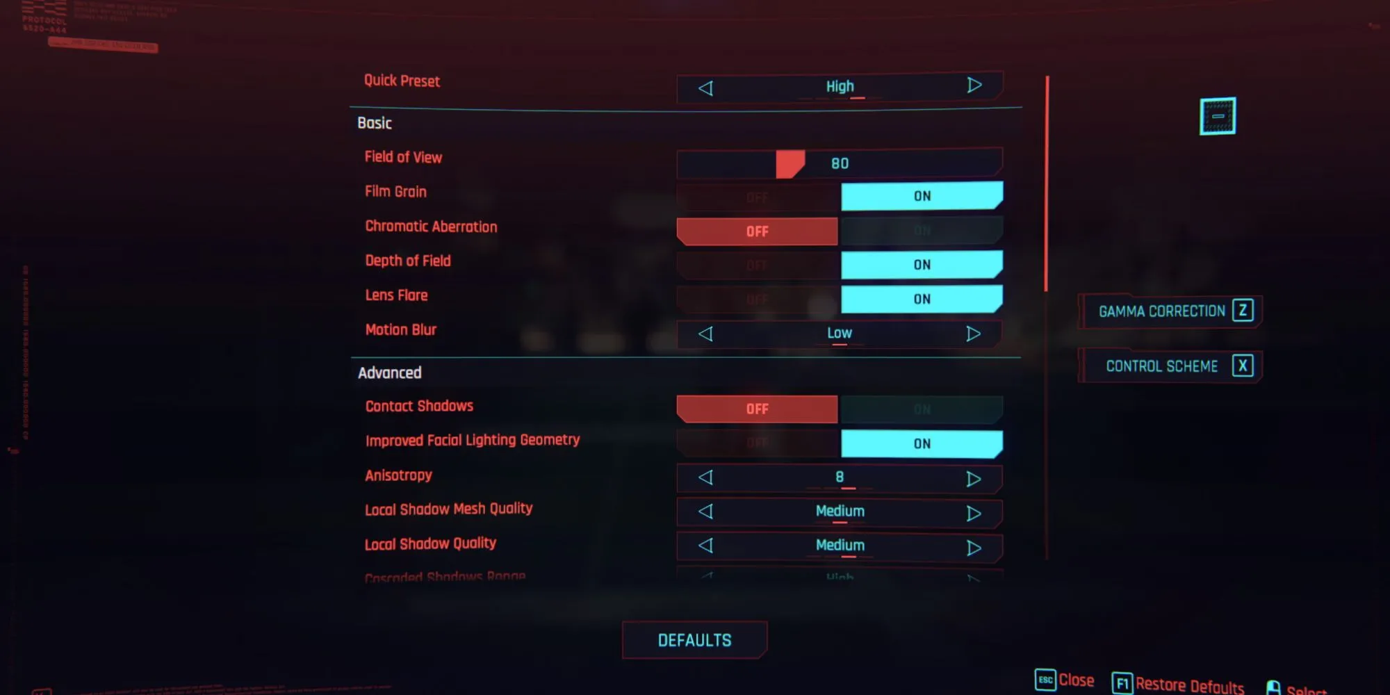 Màn hình cài đặt đồ họa chi tiết trong game Cyberpunk 2077, hiển thị nhiều tùy chọn tùy chỉnh hiệu ứng