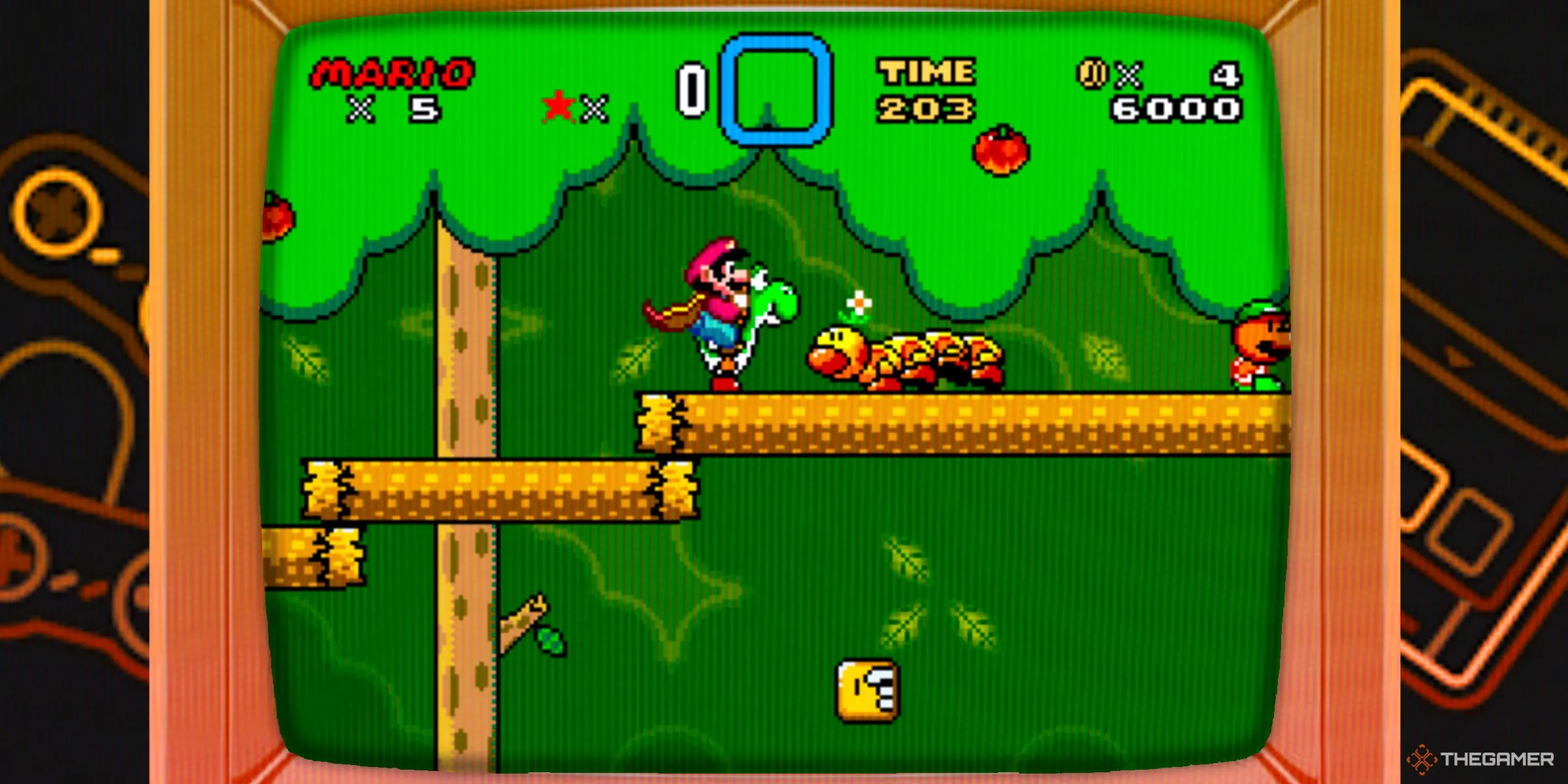 Mario cưỡi Yoshi với áo choàng lông vũ trong màn chơi rừng rậm của Super Mario World trên TV CRT cổ điển