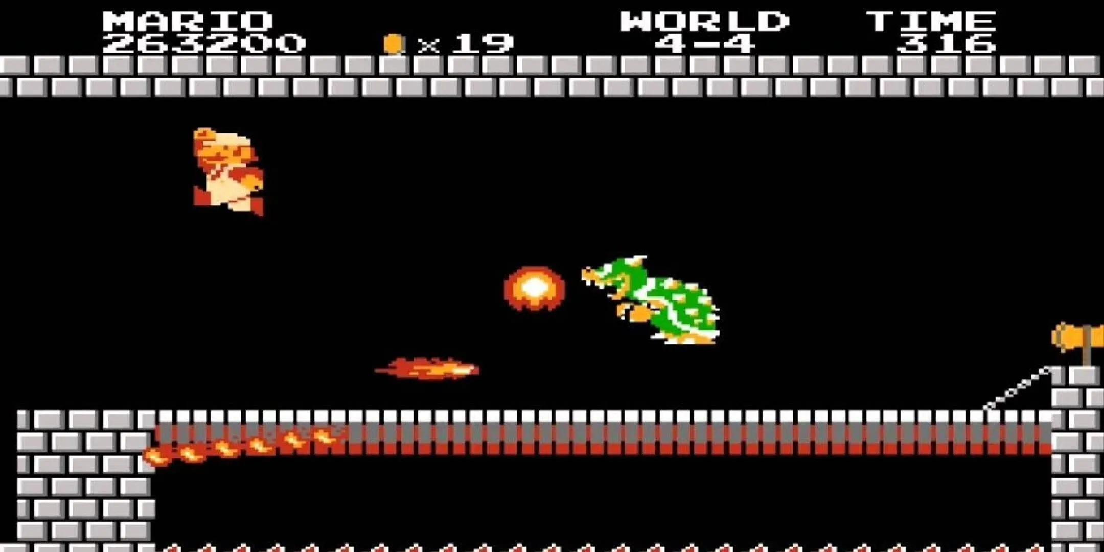 Mario đối đầu với Bowser trong trận chiến cuối cùng của Super Mario Bros trên NES
